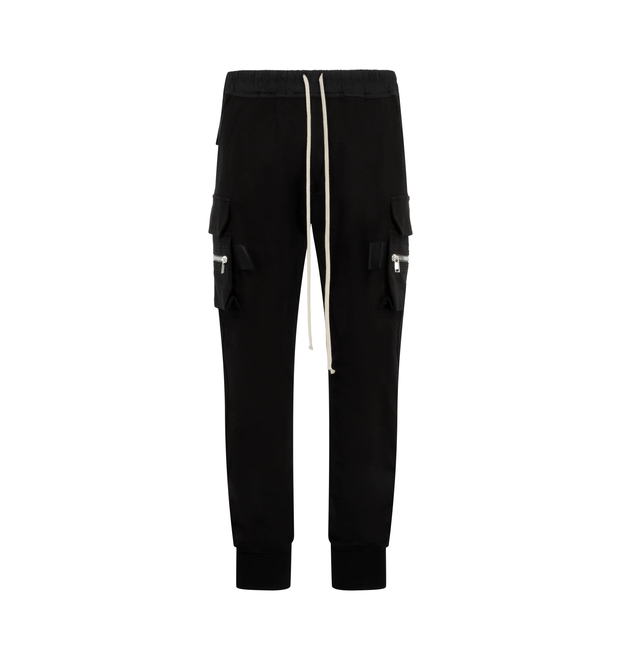 Image 1 of 3 - BLACK - Rick Owens Mens Mastodon Cargo Pants are crafted from cotton poplin. Feature a slim fit, elasticized waistband with drawstring, side pockets, zip cargo pannier pockets with flaps and tabs, back flap pockets, and elasticized ankles. Main Material: 97% Cotton, 3% Elastane. Made in Italy.