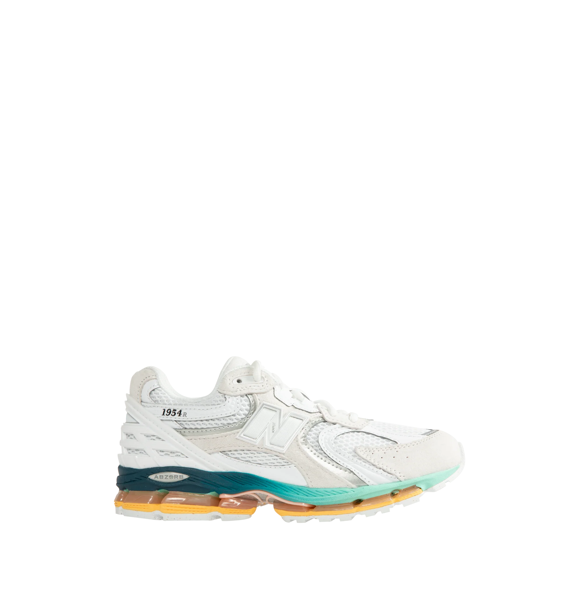 Image 1 of 5 - WHITE - New Balance Unisex 1954R Sneakers feature a Reflection, White, and Bright Mint upper inspired by the 2002 and 1906 models, combining breathable mesh with synthetic and pig suede overlays. ABZORB midsole cushioning absorbs impact through cushioning and compression resistance, while a traditional lace-up closure provides an adjustable fit. Upper: Synthetic, Mesh, and Pig Suede. Closure: Lace-Up. *Unisex style in men's sizing.