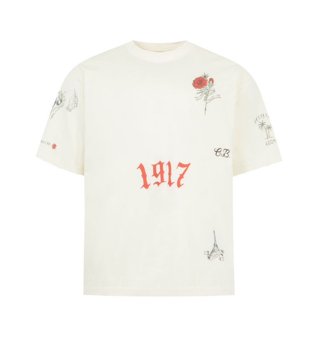 Image 1 of 3 - WHITE - BALENCIAGA Tattoo Medium Fit T-shirt featuring dry jersey, worn-out details, crewneck and tattoo artwork printed on the front, back and sleeves. 100% cotton. Made in Portugal.