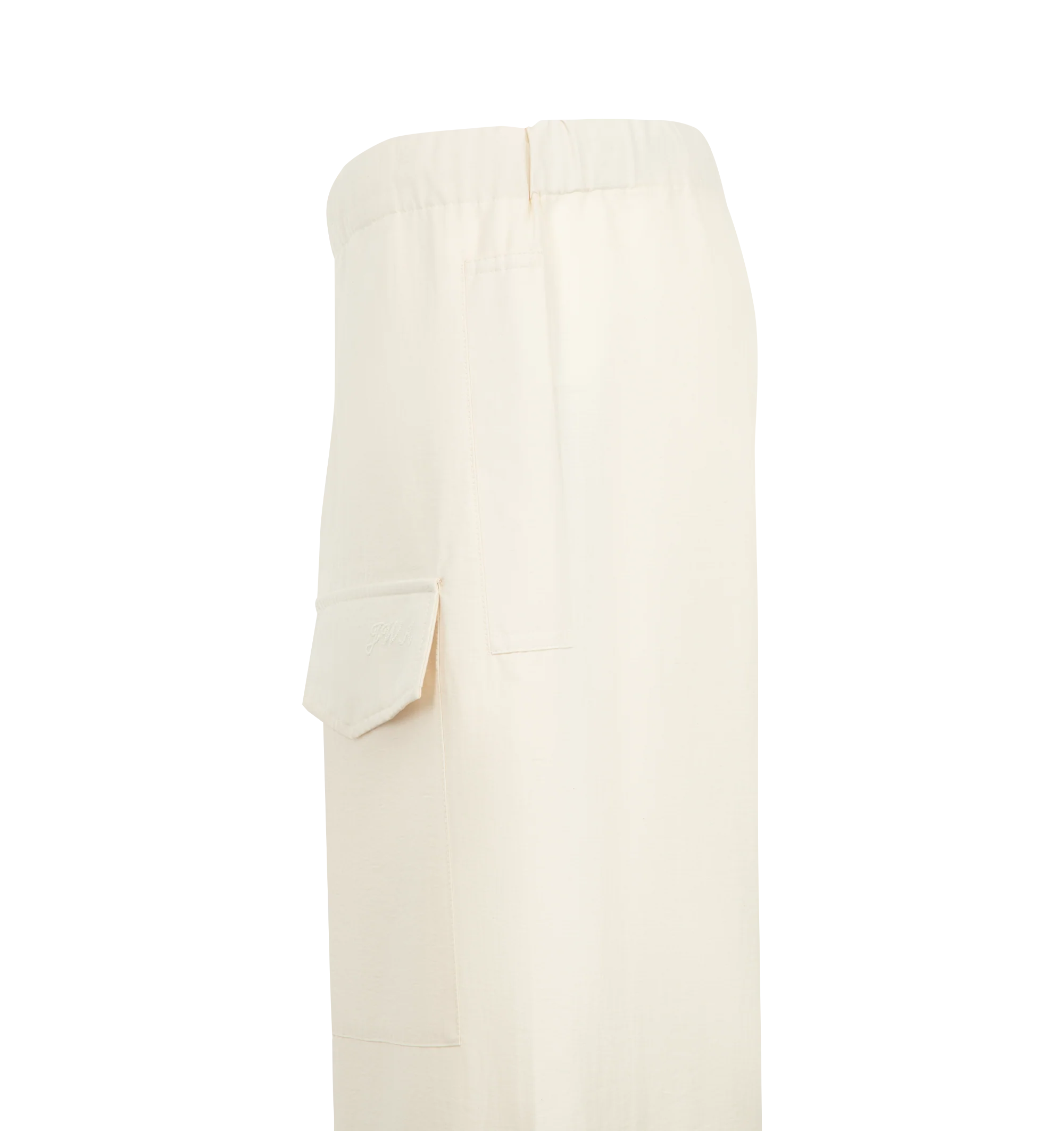 Image 3 of 3 - NEUTRAL - JW Anderson Women's Parachute Track Pants in ivory textured cotton nylon. Inspired by vintage Swedish utility trousers, in a relaxed fit. A wide leg silhouette with ties at the bottom, features leg pockets with concealed fastenings. Finished with a horn button fly and logo embroidery details. Composition 89% Cotton; 11% Polyamide. Made in Italy.