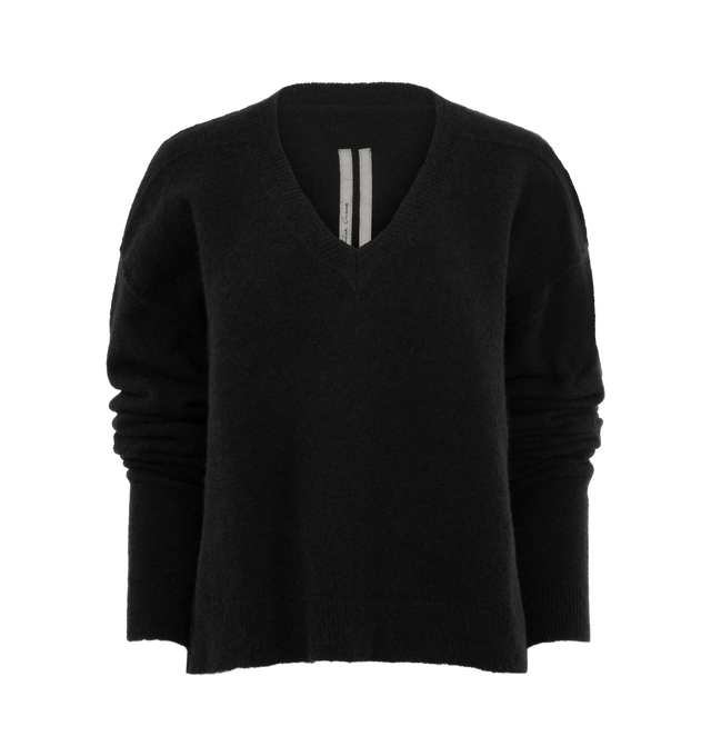 Image 1 of 2 - BLACK - RICK OWENS Tommy V Neck Knit featuring v-neck sweater in fine knit construction, long sleeves and ribbed cuffs and hem. 100% wool.
