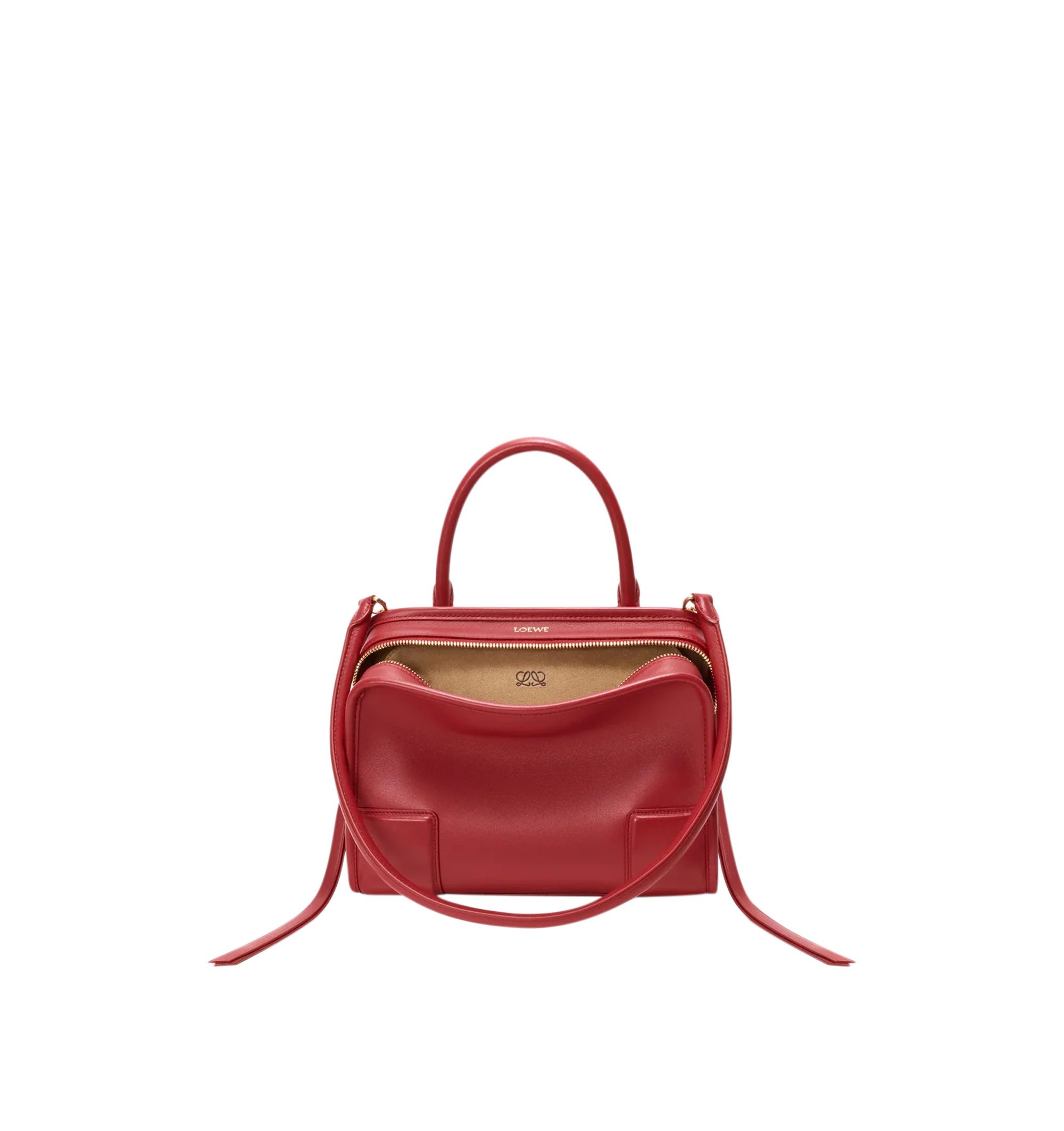Image 4 of 18 - RED - Loewe Small Amazona 180 Bag in leather features a relaxed silhouette anchored by a single toron top handle, designed to be carried open, while a concealed closure secures the main compartment, three carry options: short handle, removable shoulder strap and crossbody, zip closure with two leather zip pullers, two compartments, main compartment closed with magnetic closure, internal flat pocket, left side d-ring for customization, nappa lambskin lining, and embossed double L branding. Le