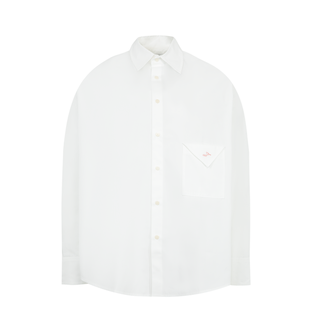 Image 1 of 2 - WHITE - JACQUEMUS The Nappe Shirt featuring cotton poplin shirt, spread collar, button closure, logo-embroidered flap pocket at waist, shirttail hem, buttoned barrel cuffs, logo locker loop at back collar and box pleat at back yoke. 100% cotton. Made in Portugal.