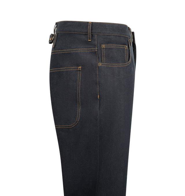 Image 3 of 3 - NAVY - THOM BROWNE Selvedge Denim Trouser featuring button fly closure, adjustable buttoned backstrap, selvedge detail at inner cuffs and signature striped grosgrain loop tab. 100% cotton. Made in Japan.