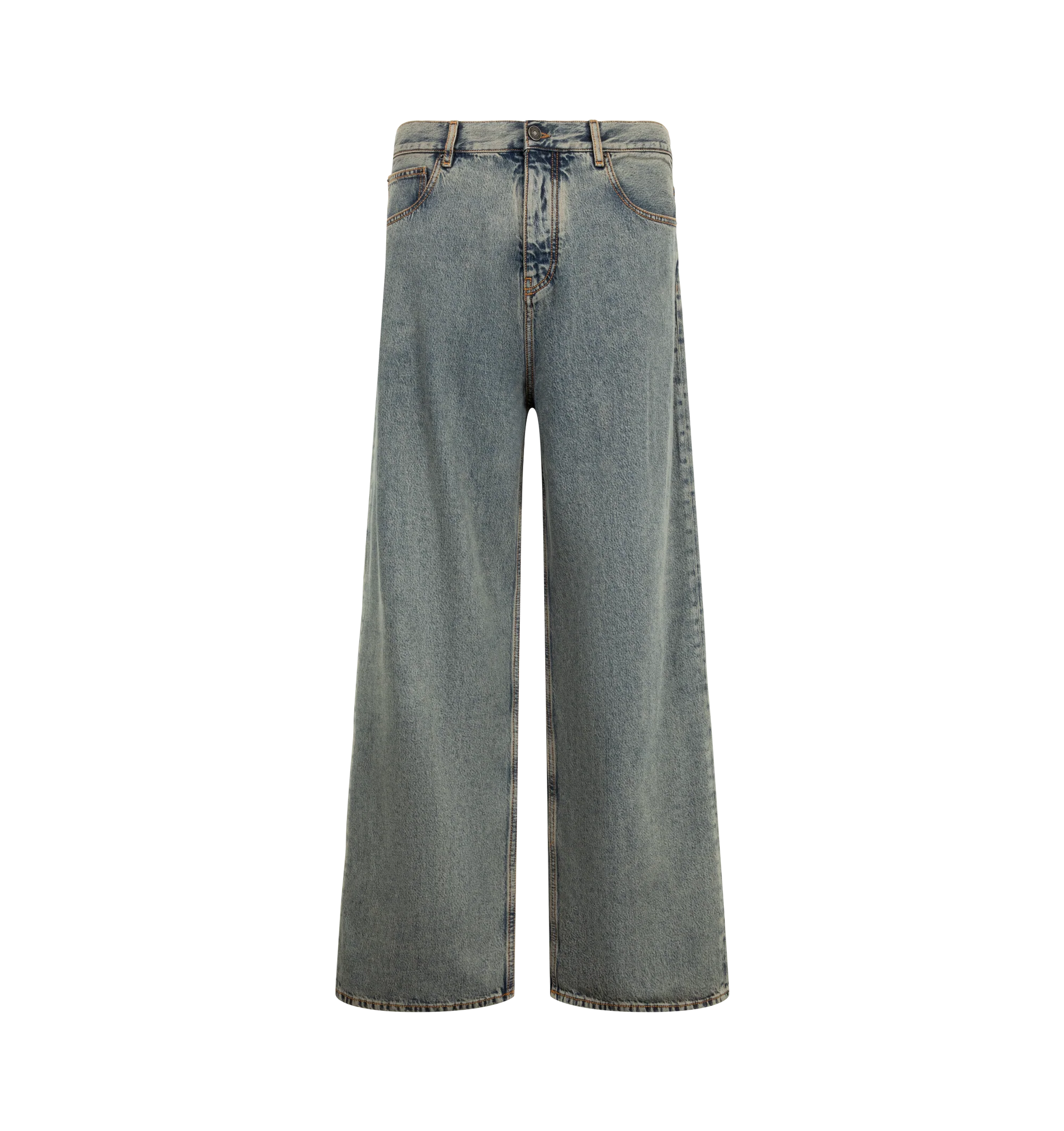 Image 1 of 3 - GREY - Amiri Men's Loose-Fit Jeans are crafted from indigo blue cotton denim with a washed finish. Cut for a loose fit, they feature classic five-pocket styling, a rear logo patch, belt loops, and a button-and-zip fly. Main Material: 100% Cotton.