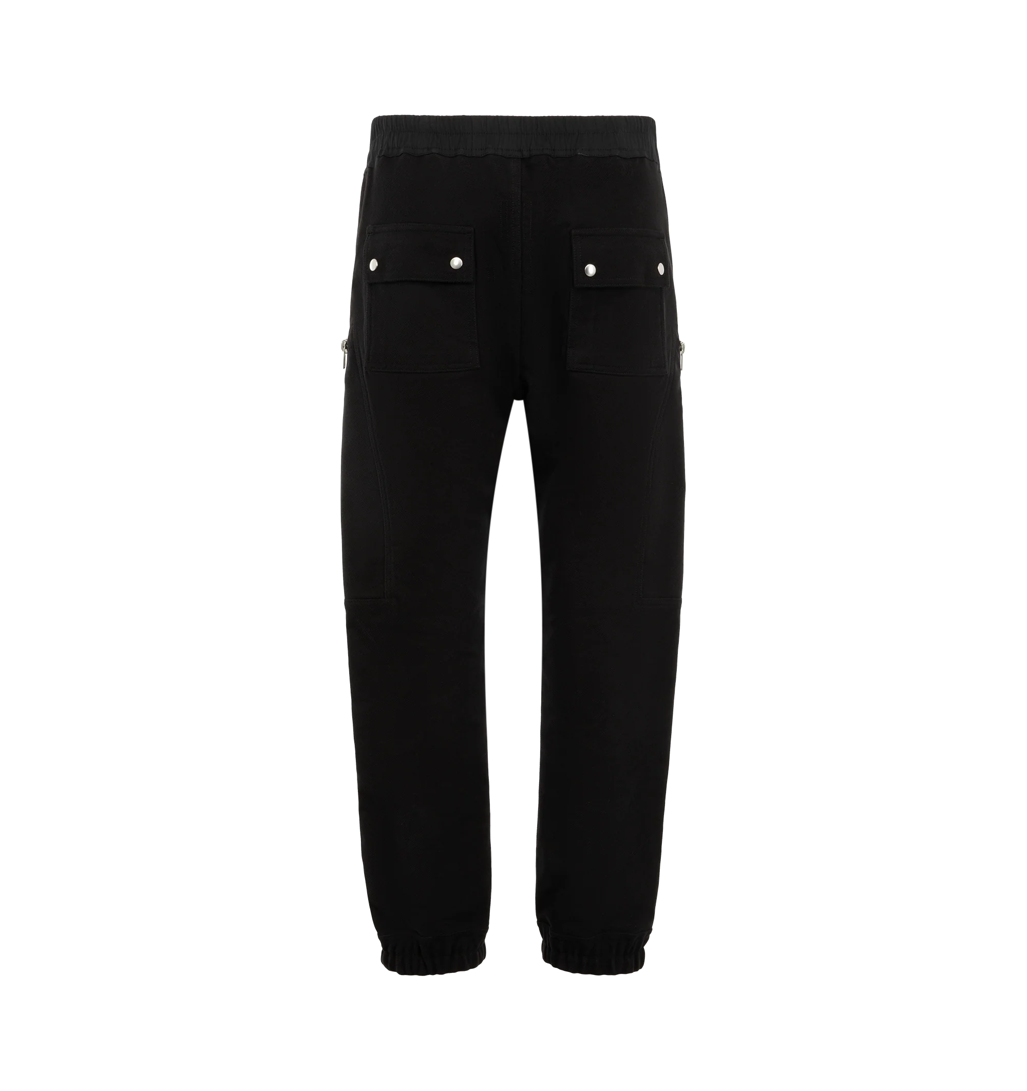 Image 2 of 3 - BLACK - Rick Owens Mens Heizer Cargo Pants are crafted from cotton poplin. Feature a slim fit, elasticized waistband with drawstring, exposed Bela front zip closure with snap detail, angled zip cargo pockets, front shin zip openings, elasticized cuffs, side welt pockets, back flap pockets with snap closures, and double topstitch detailing. Main Material: 97% Cotton, 3% Elastane. Made in Italy.