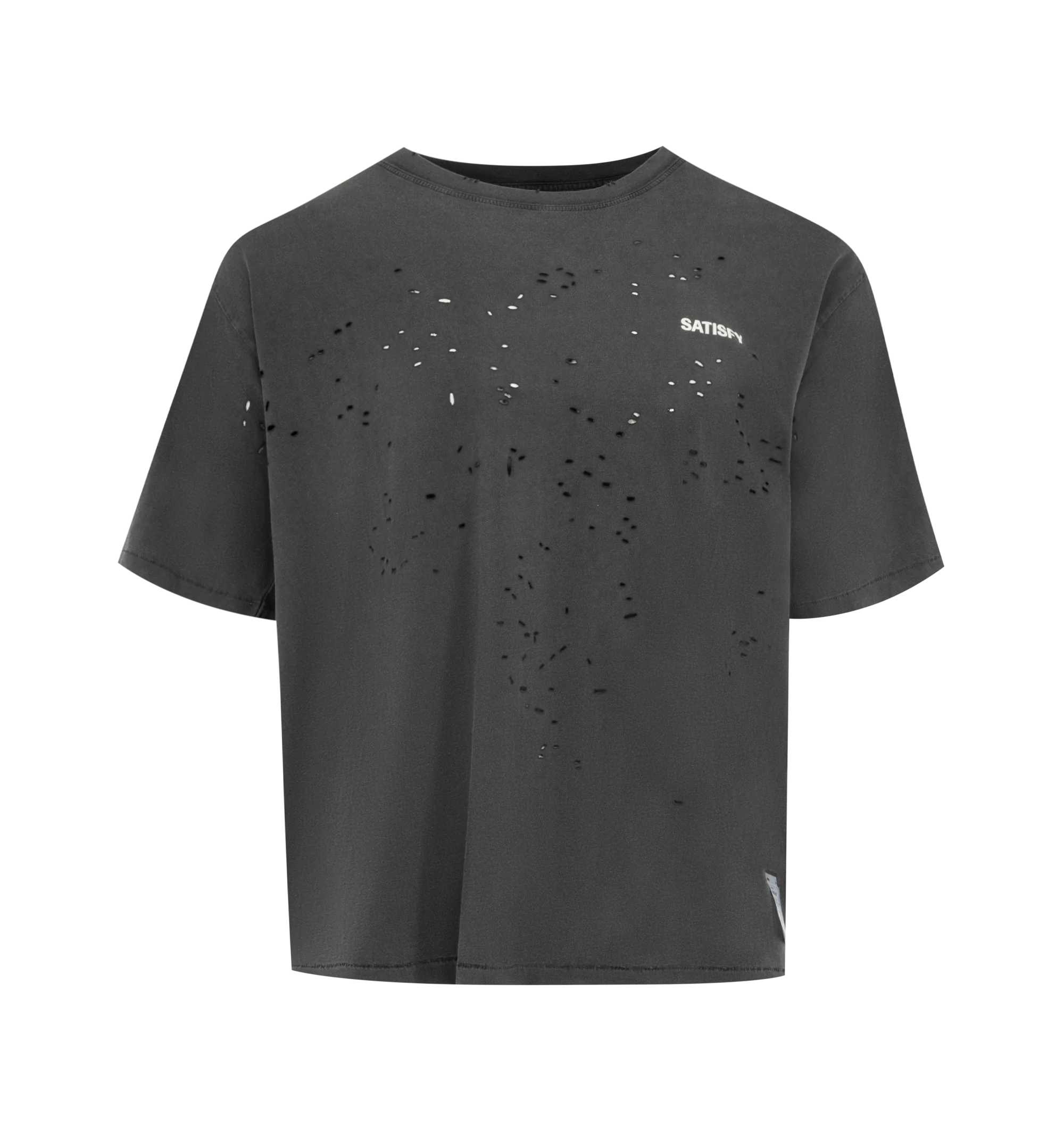 Image 1 of 3 - AGED BLACK SAB - SATISFY MothTech T-Shirt featuring short sleeves, crew neck, weathered with each hole that is laser-cut and hand-opened to creating airflow, logo in puffy ink, stealth-reflective SATISFY logo and fully detachable care label on the outside. 100% cotton.