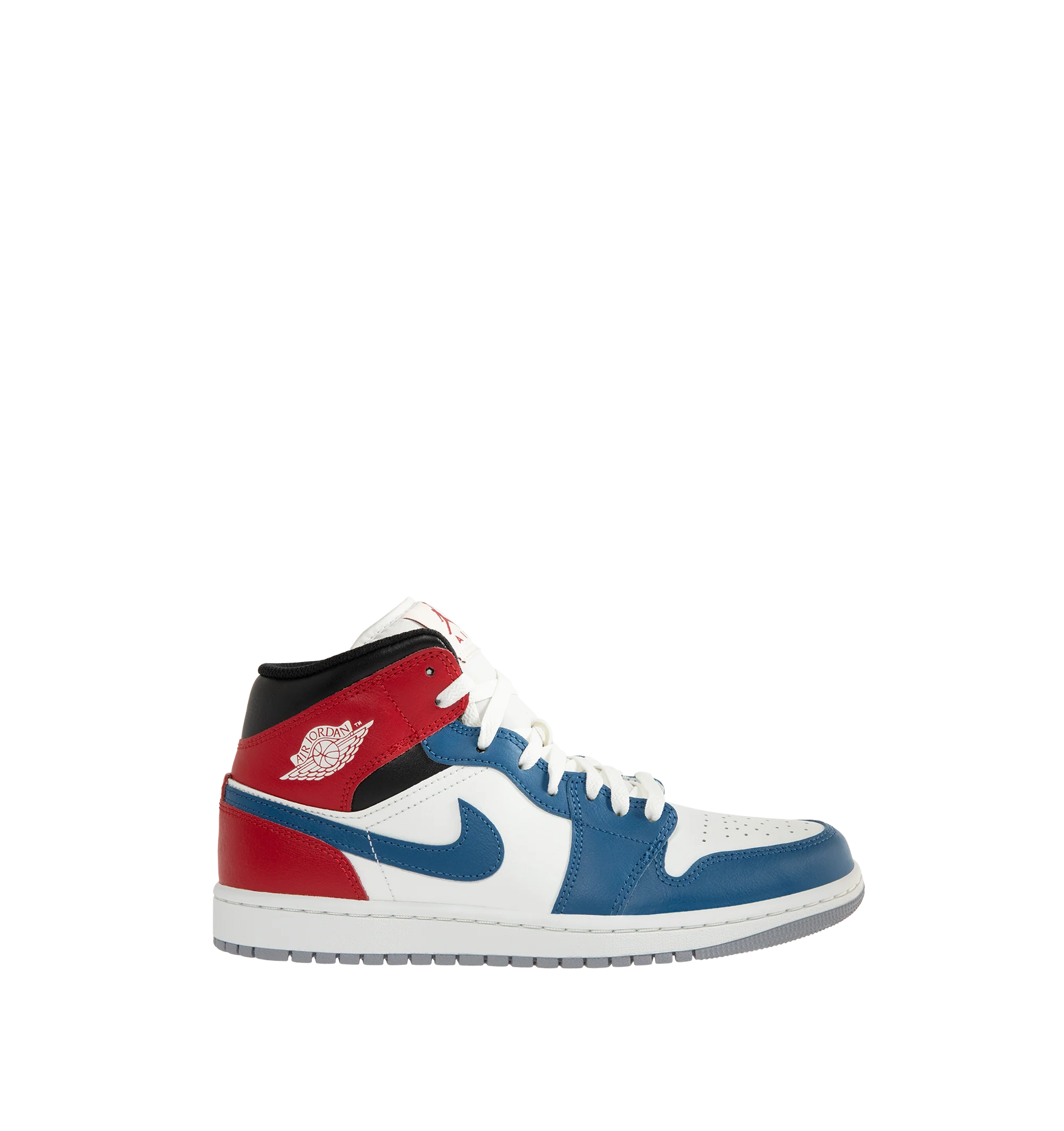 Image 1 of 5 - MULTI - Men's Air Jordan 1 Mid Sneakers feature a leather, synthetic leather, and textile upper with the iconic mid-top silhouette for a timeless heritage look. These lifestyle sneakers combine lightweight Nike Air cushioning, a foam midsole, and a durable rubber outsole with a pivot-circle traction pattern for lasting comfort, support, and reliable grip. Main Material: Leather, Synthetic Leather, and Textile. Midsole: Foam with Nike Air Cushioning. Sole: Rubber.