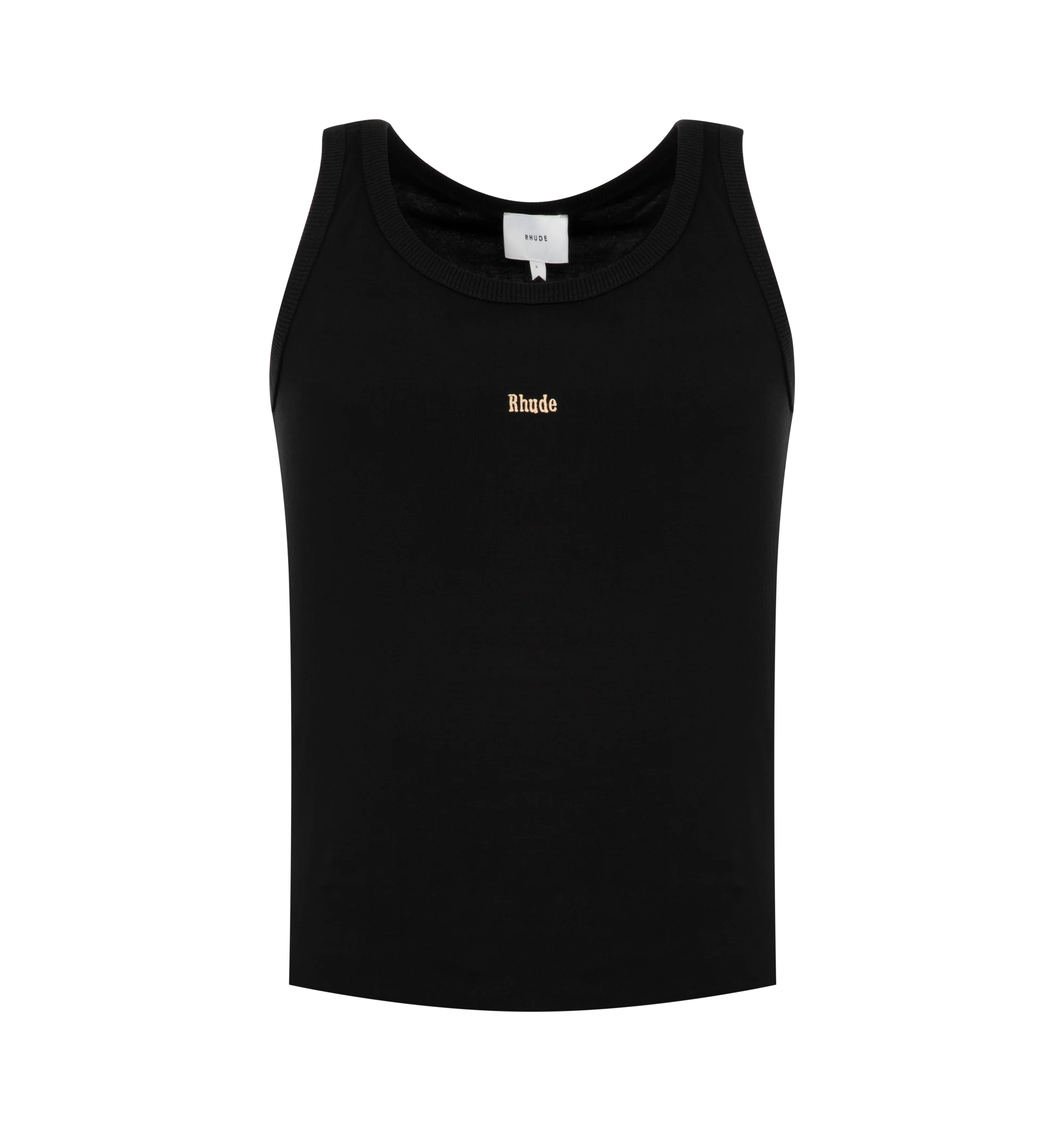 Image 1 of 2 - BLACK - Rhude Men's Logo Ribbed Tank Top is crafted from soft ribbed fabric and features a classic sleeveless silhouette with a scoop neckline and a close, comfortable fit. Finished with signature Rhude logo detailing, this designer tank top combines an athletic-inspired profile with the brand's elevated streetwear aesthetic, making it a versatile essential for layering or wearing on its own. Made from 100% high-quality Cotton.