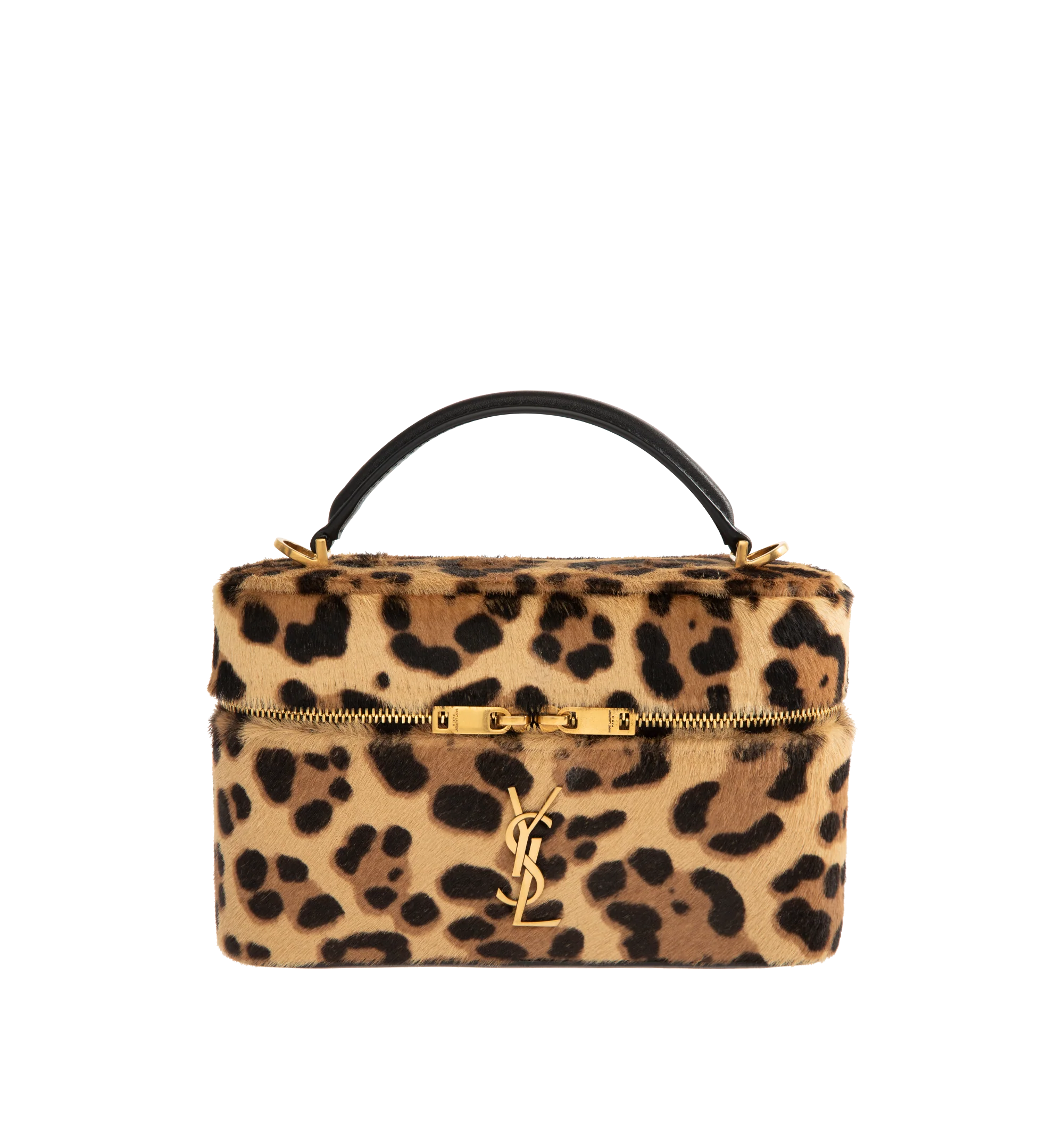 Image 1 of 3 - BROWN - SAINT LAURENT Gaby Vanity Bag in leopard-print pony hair leather, decorated with the cassandre, fully lined in leather, a top handle, adjustable and detachable strap, bronze-tone hardware, zip closure and one card slot. 7.1" x 4.3" x 2.6". Calfskin. Made in Italy.