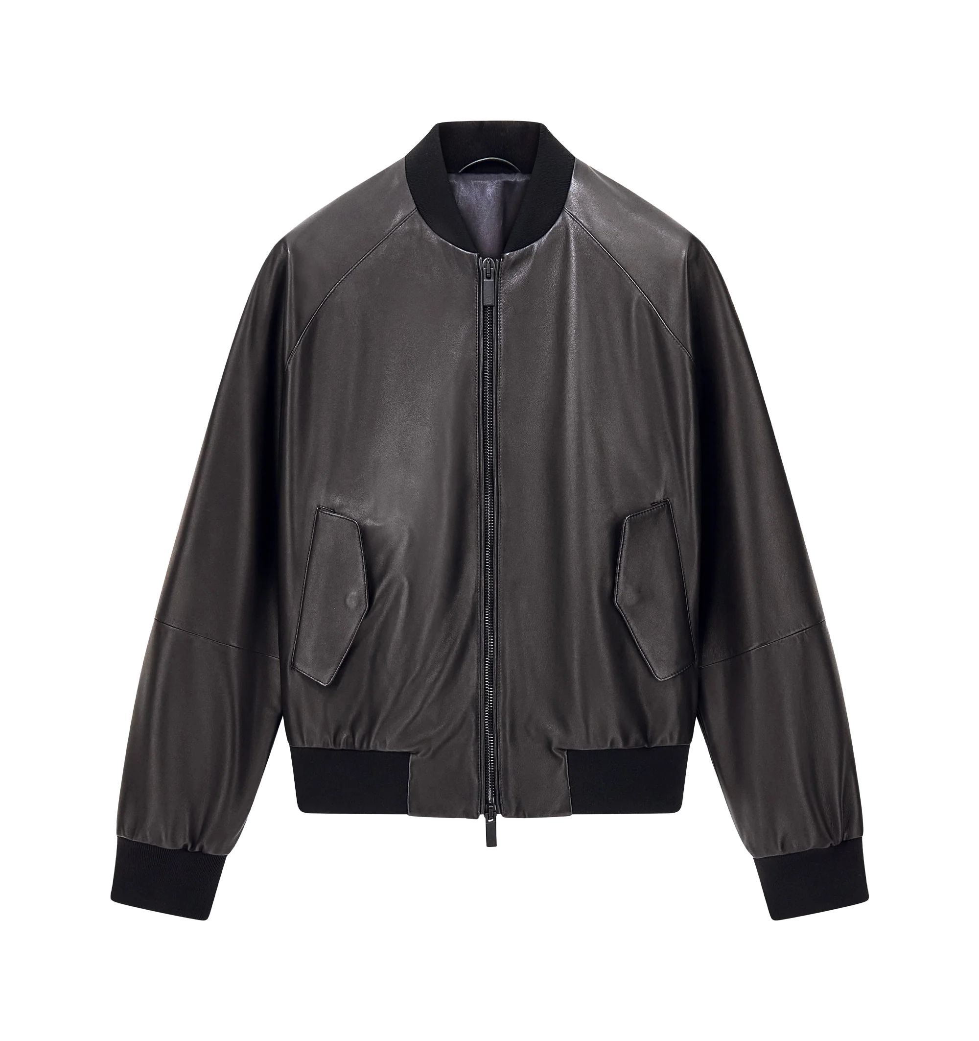 Image 1 of 1 - BLACK - Giorgio Armani Men's Lamb Leather Bomber Jacket is crafted from supple lamb leather, offering a smooth finish, exceptional comfort, and timeless sophistication. Designed in a classic bomber silhouette, it reflects Giorgio Armani's signature blend of luxury and modern style. Material: 100% Lamb Leather; Lining: 68% Acetate, 32% Polyester.
