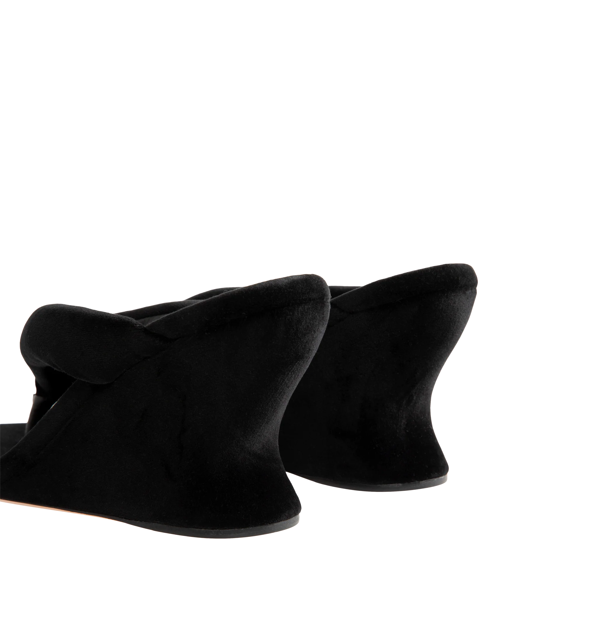 Image 3 of 4 - BLACK - Balenciaga Womens Gaeta Wedge Thong Sandals are crafted from a plush stretch velvet material. Feature a round toe, padded thong strap, slip-on design, 90mm arch wedge heel, and leather sole. Upper: cotton, viscose, elastane, Sole: calfskin, Insole: cotton, viscose, elastane. Made in Italy.