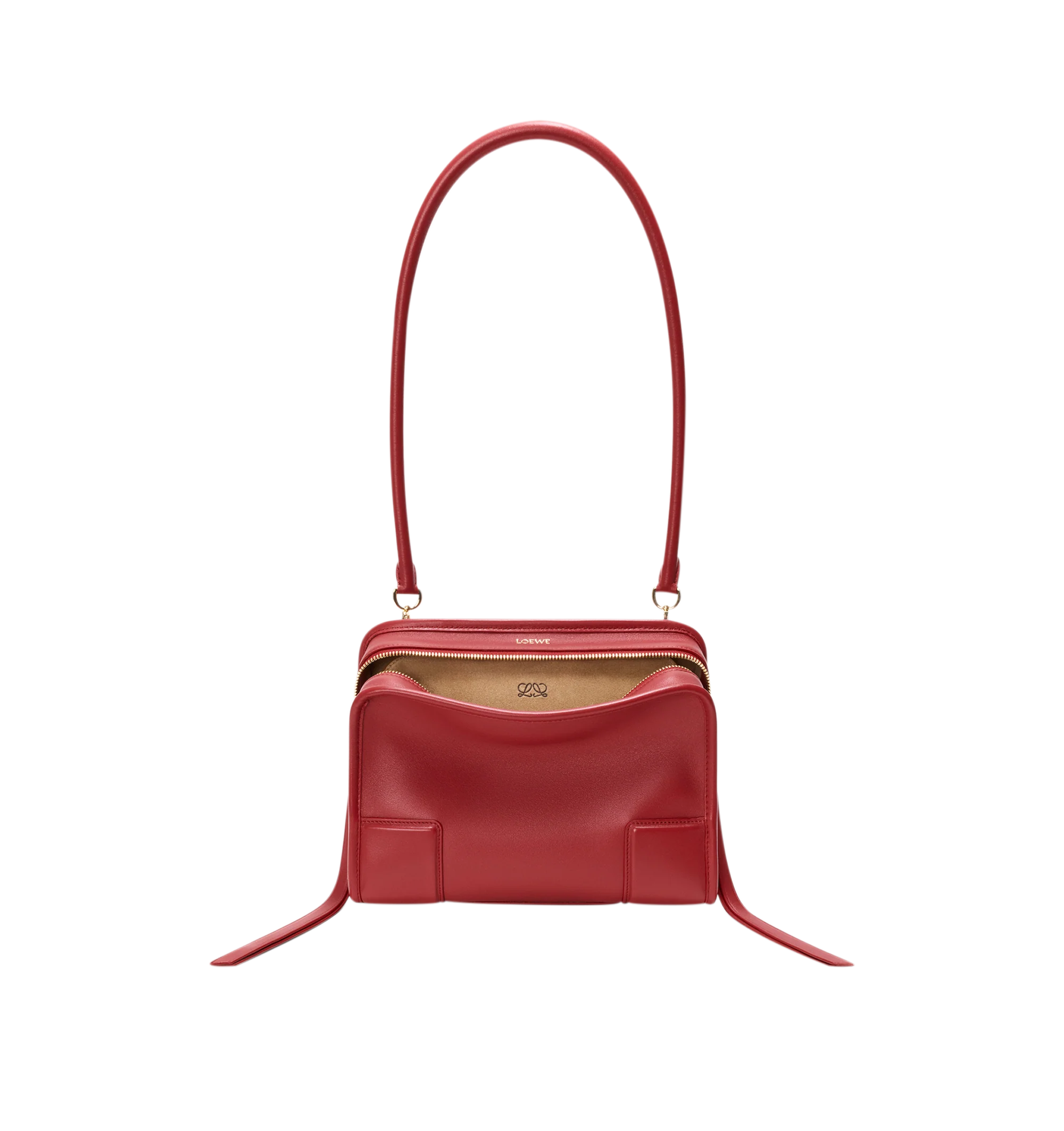 Image 9 of 18 - RED - Loewe Small Amazona 180 Bag in leather features a relaxed silhouette anchored by a single toron top handle, designed to be carried open, while a concealed closure secures the main compartment, three carry options: short handle, removable shoulder strap and crossbody, zip closure with two leather zip pullers, two compartments, main compartment closed with magnetic closure, internal flat pocket, left side d-ring for customization, nappa lambskin lining, and embossed double L branding. Le