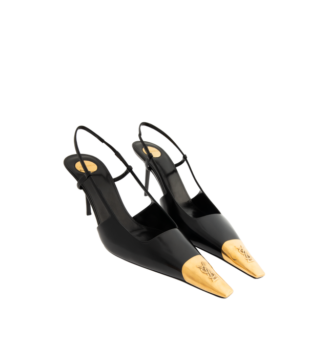 Image 2 of 4 - BLACK - Saint Laurent Jeanne slingback pumps in smooth leather slingback pumps with a square pointed metal cap toe decorated with a CASSANDRE martel, featuring a square-cut vamp, 7.5cm stiletto heel, elasticized slingback strap and leather sole.Calfskin, brass, lambskin. Made in Italy.