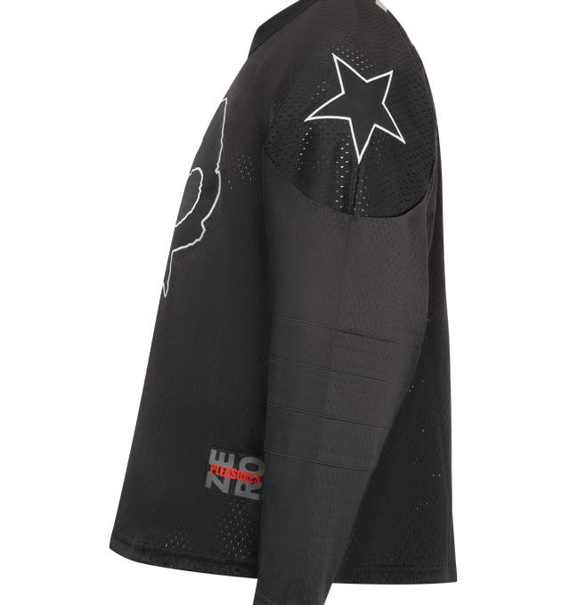 Image 3 of 3 - BLACK - PLEASURES x Zero Skateboards Jamie Hockey Jersey featuring graphic detail throughout, midweight jersey fabric and long sleeves. 100% polyester. 
