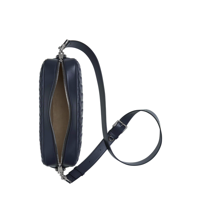 Image 4 of 4 - NAVY - BOTTEGA VENETA Intrecciato Camera Bag featuring cross-body bag in Intrecciato leather with detachable strap, metal D-ring, one interior zipped pocket with leather trimming, one open pocket in canvas and zipper closure. 7.7" x 11.4" x 3". Calfskin. Lining: canvas. Made in Italy.   