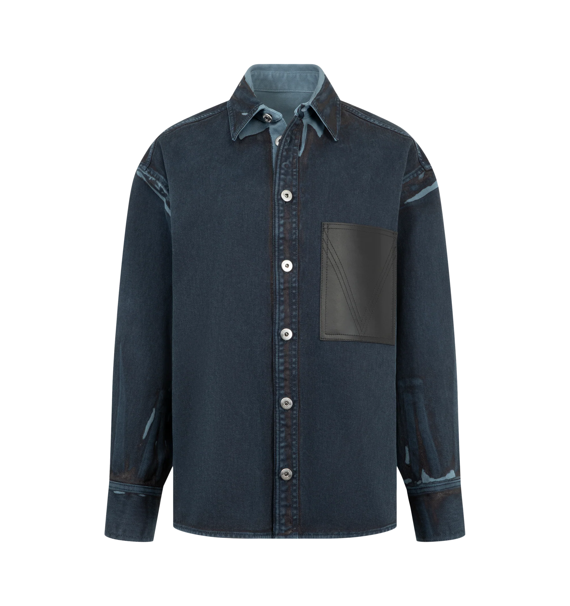 Image 1 of 2 - BLUE - Bottega Veneta Women's Overdyed Denim Shirt is crafted from overdyed, washed denim and features a relaxed-fit silhouette with a smooth leather pocket at the chest. Designed to combine workwear-inspired denim with the house's elevated craftsmanship, the shirt is finished with a rich overdyed treatment that enhances depth and texture. Main Material: 90% Cotton, 10% Lambskin. Made in Italy.