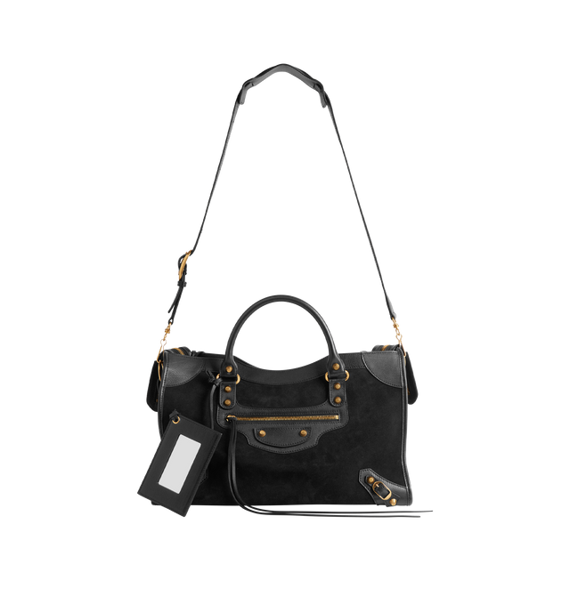 Image 3 of 4 - BLACK - BALENCIAGA Le City Bag Medium featuring suede calfskin and smooth calfskin, two hand-braided handles with waxed cord, removable and adjustable strap with shoulder pad, aged-gold hardware, double-sided zip with long tails and knotted leather puller, rront zipped pocket with knotted leather puller, 1 inner zipped pocket, 1 removable mirror, tone-on-tone Balenciaga logo debossed on mirror and cotton canvas lining. Calfskin, cotton, plexiglass. Made in Italy.