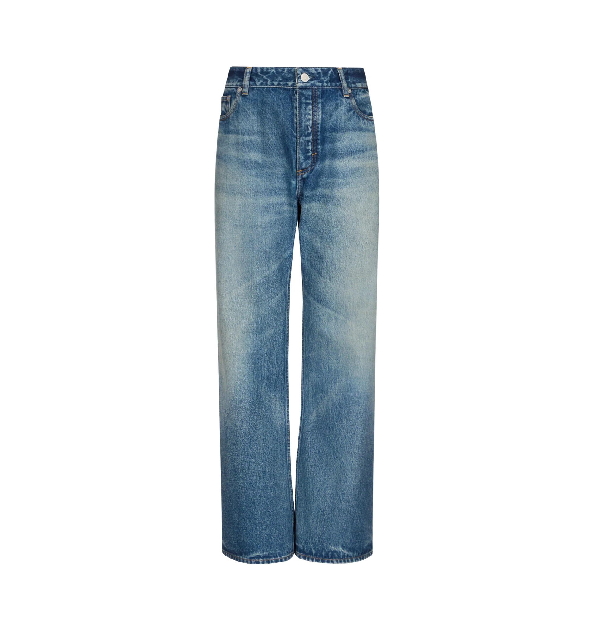 Image 1 of 1 - BLUE - Alaa Women's Flare Denim Jeans are crafted from sandwashed denim and feature a mid-rise silhouette with a fitted leg that flares at the hem for a timeless, elongating shape. Designed with a five-pocket construction, zip fly and button closure, signature Alaa darts at the back and back pockets, and contrast tobacco topstitching, these designer jeans combine exceptional Japanese craftsmanship with the house's refined tailoring. Main Material: 100% Cotton Denim. Fit: Mid-Rise, Fitted Thro