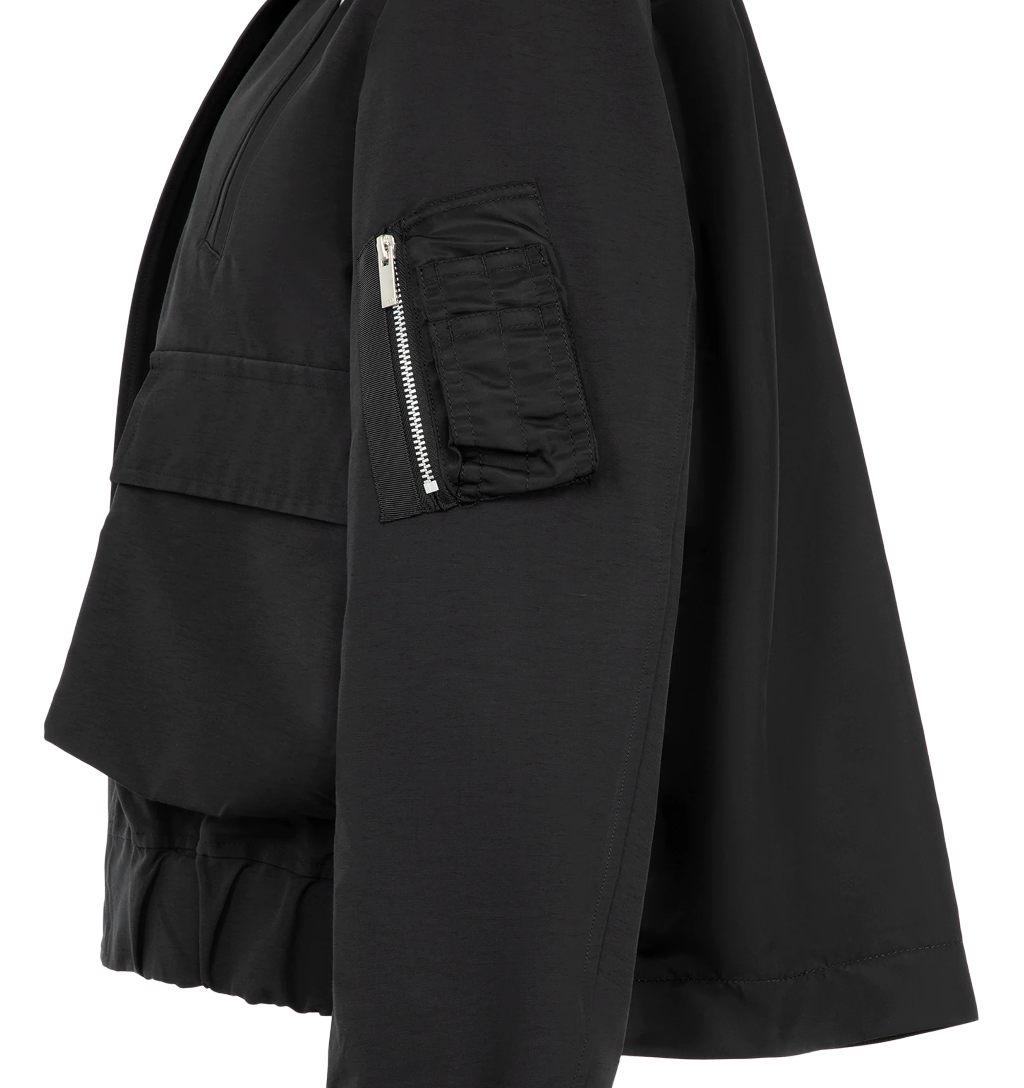 Image 4 of 4 - BLACK - Sacai Women's Grosgrain Bonding Blouson Jacket features distinct oversized front flap pockets, angled chest zip pockets, a contrasting collar, and an adjustable buttoned placket overlay. Materials: Nylon Exterior; Cotton. 