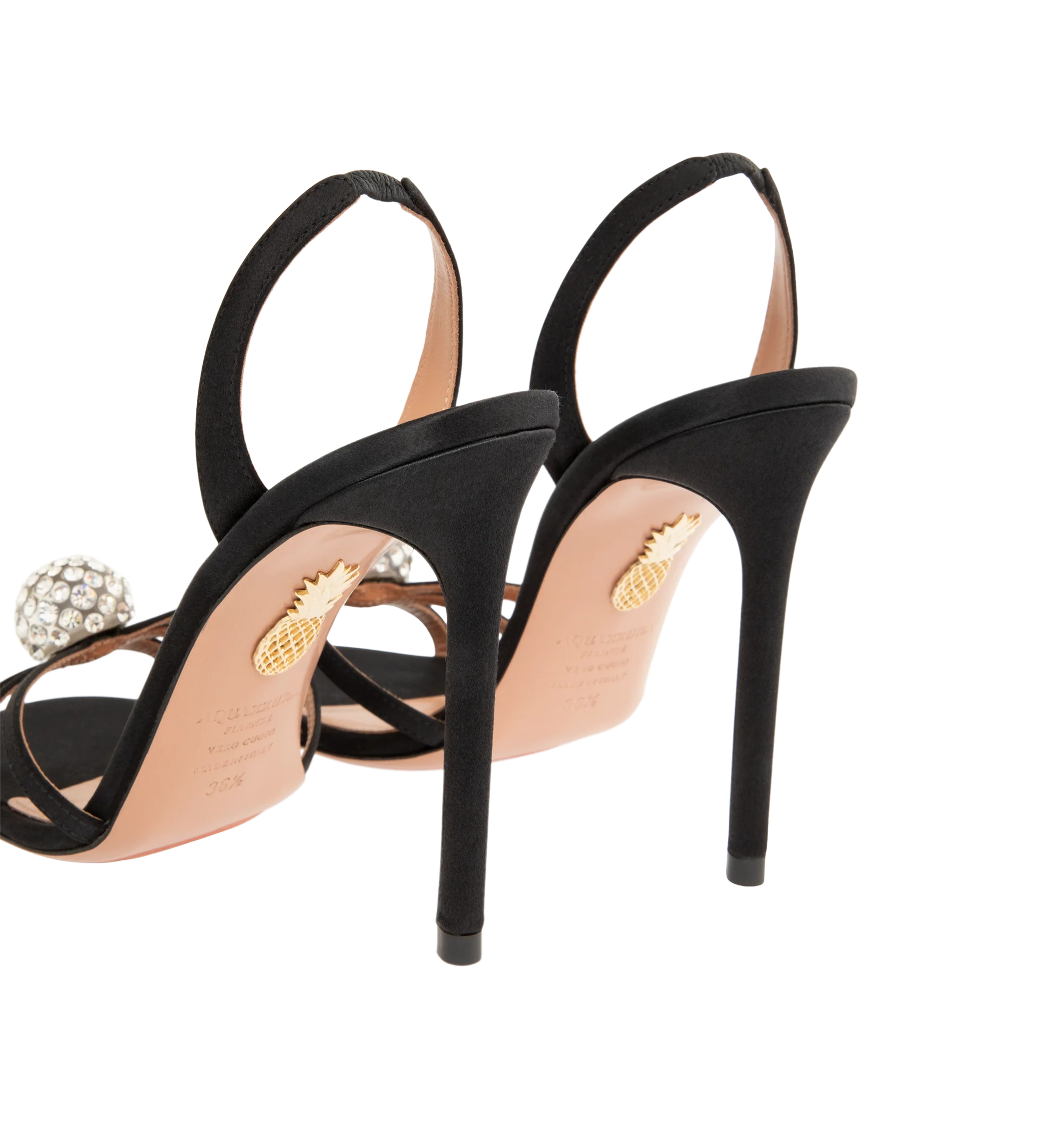 Image 3 of 4 - BLACK - Aquazzura Women's Crystal Bubble Sandal 105 is designed with slender straps embellished with shimmering crystal spheres for a striking, jewelry-inspired finish. Set on a sleek 85mm stiletto heel, these designer sandals feature a high-shine gold finish and an elasticated slingback strap for a secure, comfortable fit. Heel Height: 105 mm. Made in Italy.