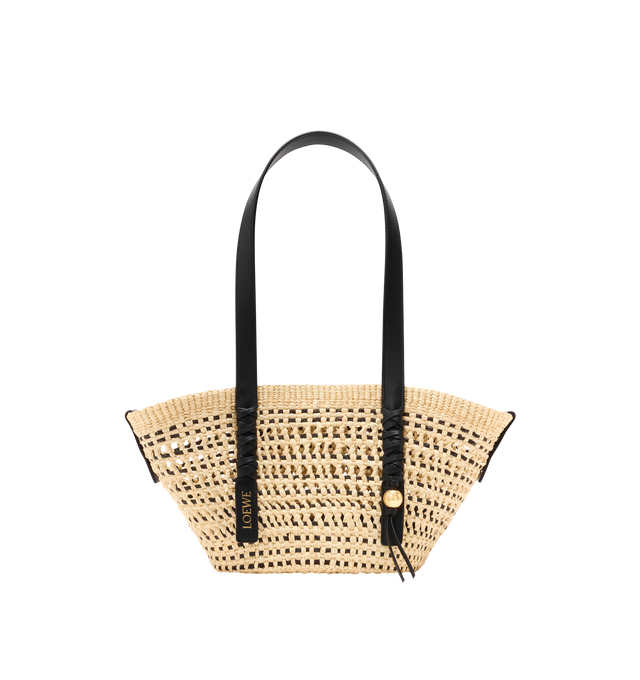 Image 1 of 6 - NEUTRAL - LOEWE PAULA'S IBIZA Small Braid Basket Bag in iraca palm and calfskin featuring shoulder carry, calfskin tie closure, unlined, removable Anagram Pebble dice and gold embossed LOEWE. Iraca palm/calf. 18 cm x 36 cm x 13 cm. Made in Spain.