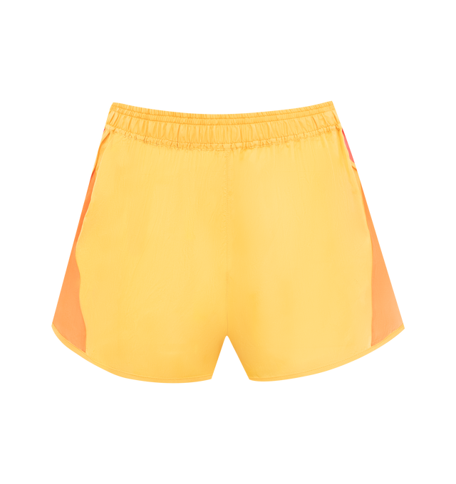 Image 1 of 3 - YELLOW - Saint Laurent color-block shorts made with certified cupro, featuring an elasticized shirred waist and split sides. 100% Cupro. Made in Italy.