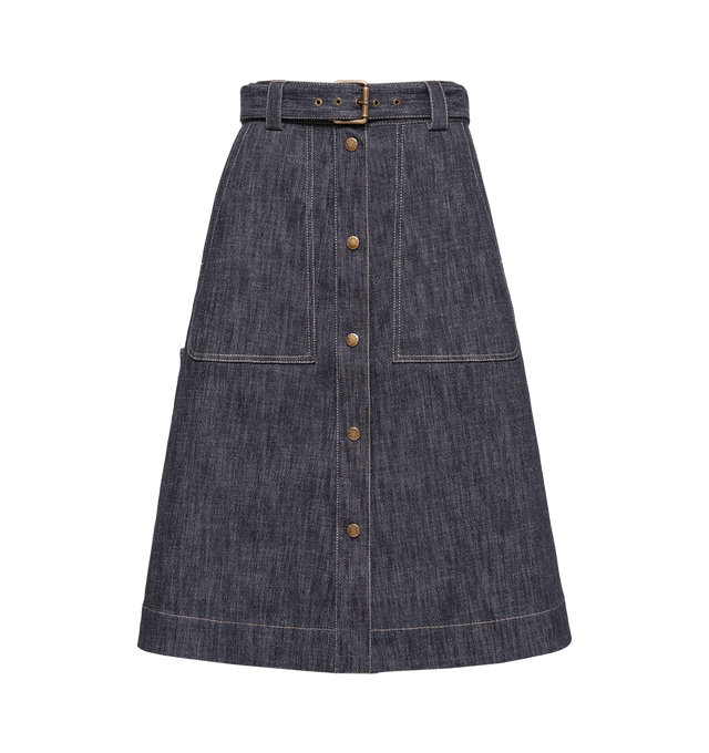 Image 1 of 2 - NAVY - MONCLER Denim Knee-Length Skirt featuring twill lining, snap button closure, pockets with snap button closure and detachable belt. 99% cotton, 1% elastane/spandex.