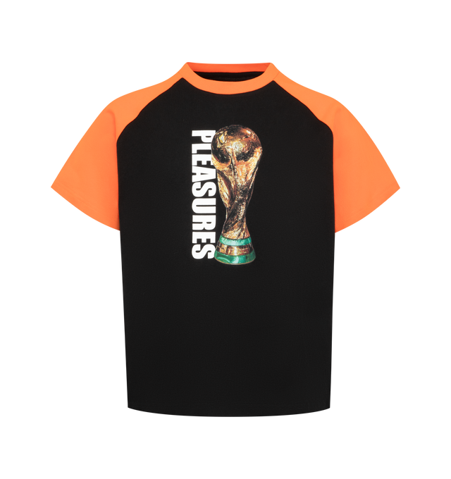 Image 1 of 2 - BLACK - Pleasures Mens Trophy Raglan T-Shirt is crafted from heavyweight cotton jersey. Features a contoured fit, contrast raglan sleeves and collar, crew neck, and printed graphic artwork. Main Material: Cotton. Made in China.