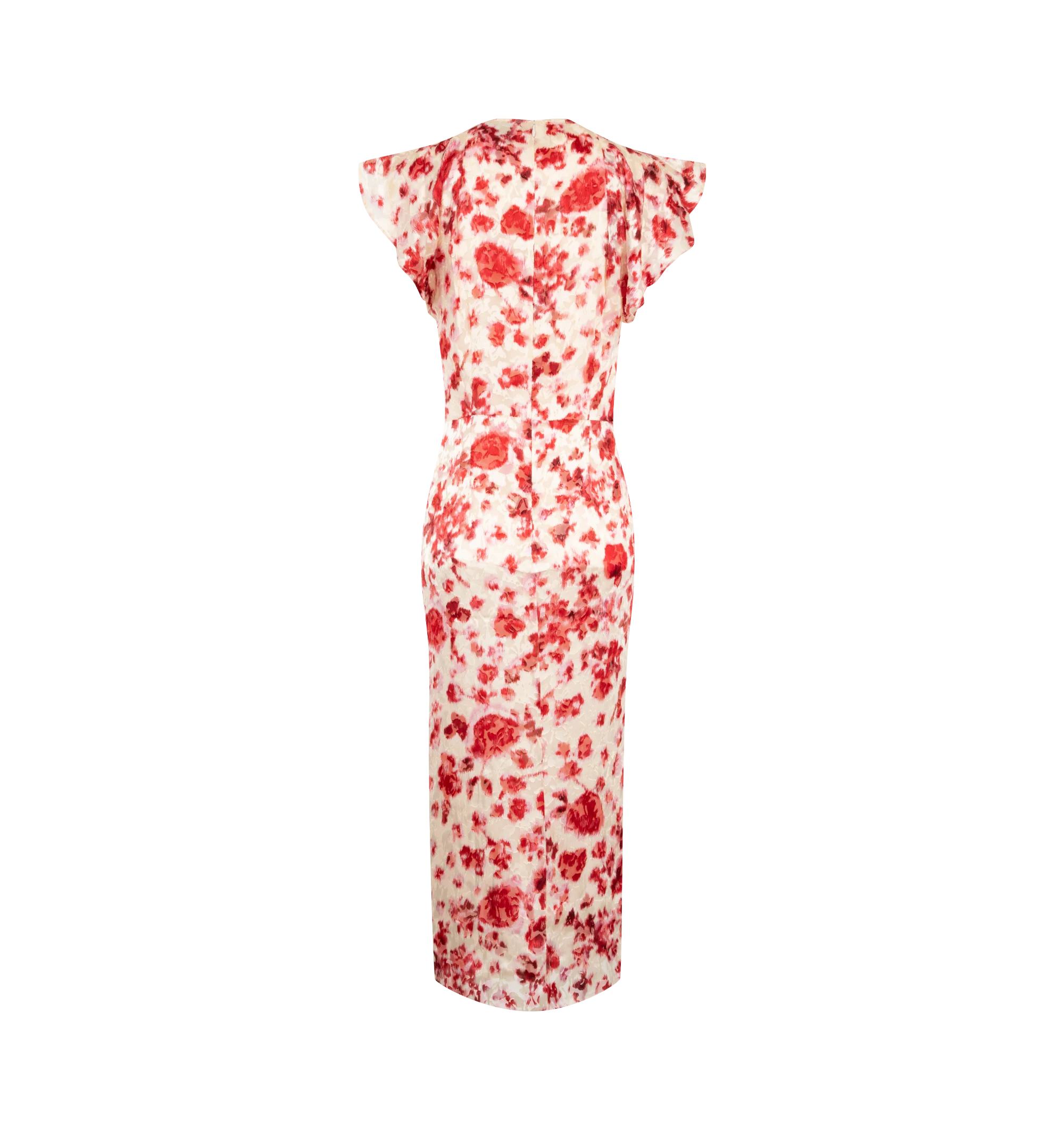 Image 2 of 2 - MULTI - Isabel Marant Womens Lyndsay Dress is crafted from printed devor silk georgette. Features a long fitted silhouette, V-neckline, gathered front, short ruffled sleeves, defined waist, concealed back zip closure, and all-over floral print. Main Material: 55% Viscose, 45% Silk. Made in India. 