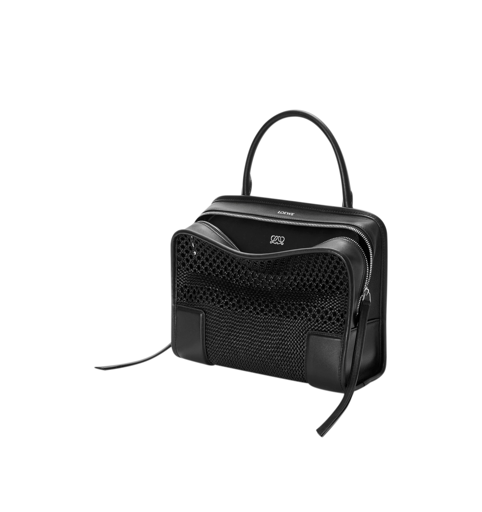 Image 4 of 14 - BLACK - Loewe Women's Medium Amazona 180 Bag is crafted from woven nappa calfskin and features a relaxed silhouette inspired by one of the house's iconic designs. Designed with a single Toron top handle and removable shoulder strap, it can be carried by hand, over the shoulder, or crossbody. A concealed magnetic closure, zip fastening with dual leather pullers, two compartments, an internal flat pocket, and a side D-ring provide functional organization. Finished with palladium-tone hardware, 