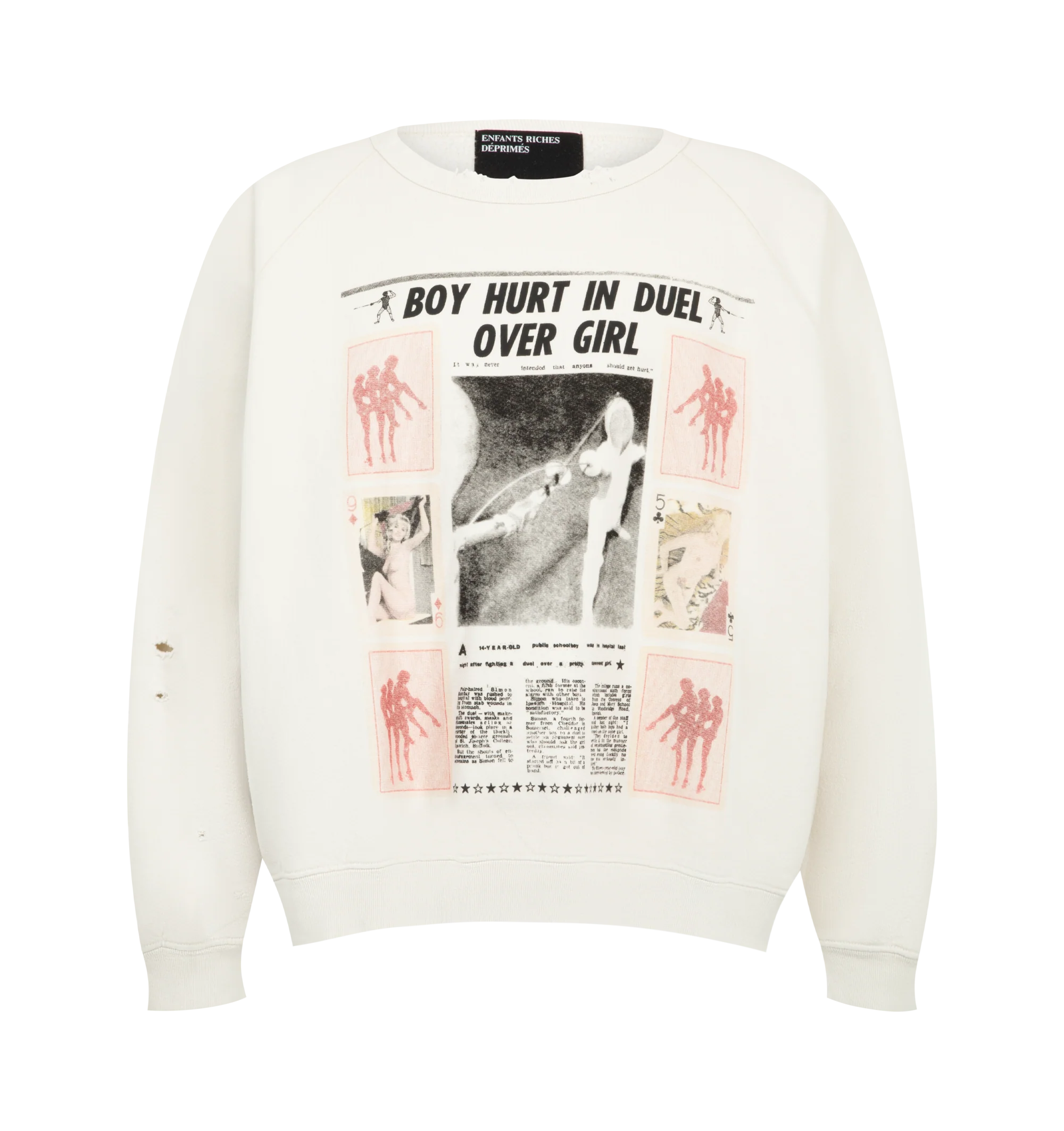 Image 1 of 2 - WHITE - Enfants Riches Dprims Mens Raglan Crewneck Sweatshirt is crafted from heavyweight brushed French terry. Features an oversized slouchy fit, long raglan sleeves, ribbed crew neckline, cuffs and hem, printed artwork at the front and back, and signature vintage wash. Main Material: Cotton French Terry. Made in USA.