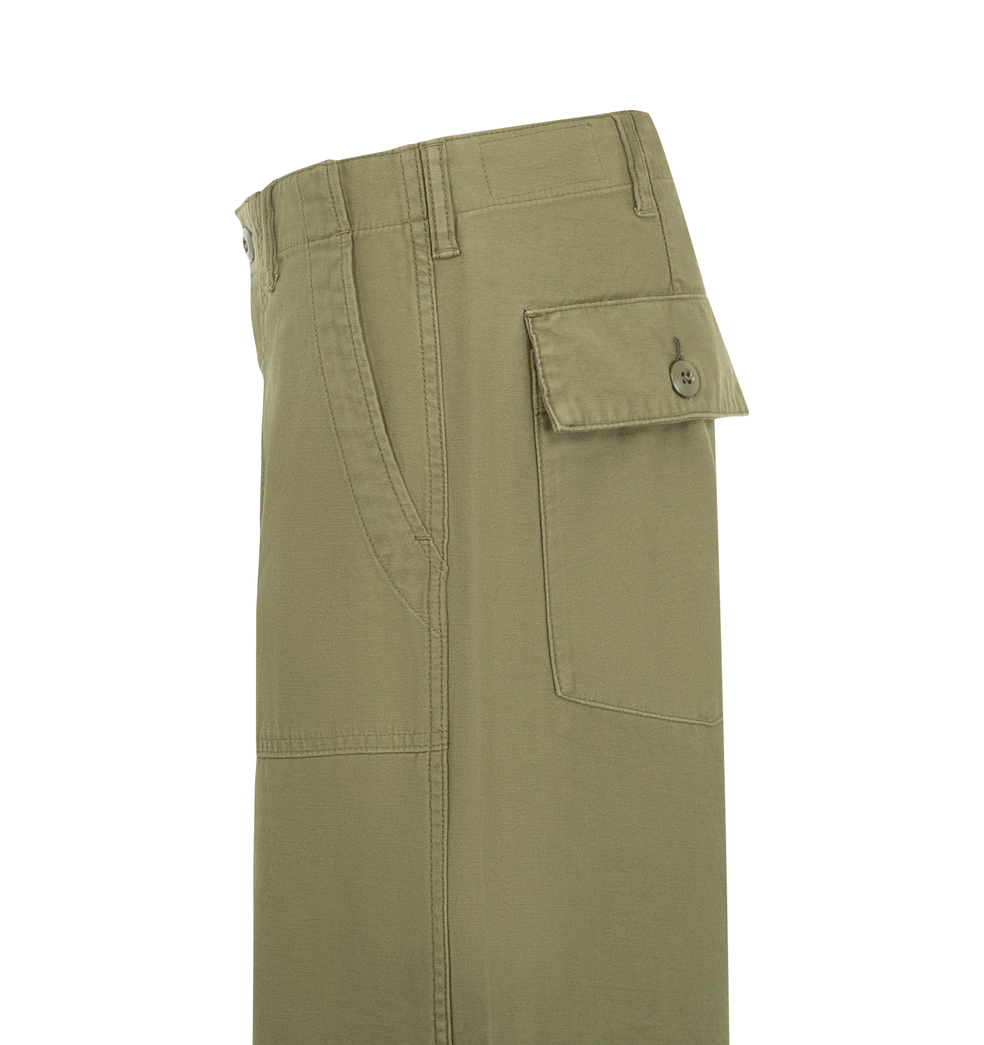 Image 3 of 3 - GREEN - R13 D'Arcy Flare Utility Pants are crafted from Japanese military slub-yarn back sateen and feature a relaxed silhouette with a dramatic flared leg. Inspired by the brand's signature D'Arcy fit, the design combines utilitarian styling with a modern shape, finished with a button fly, slant hip pockets, and flap back pockets. Main Material: 100% Cotton.