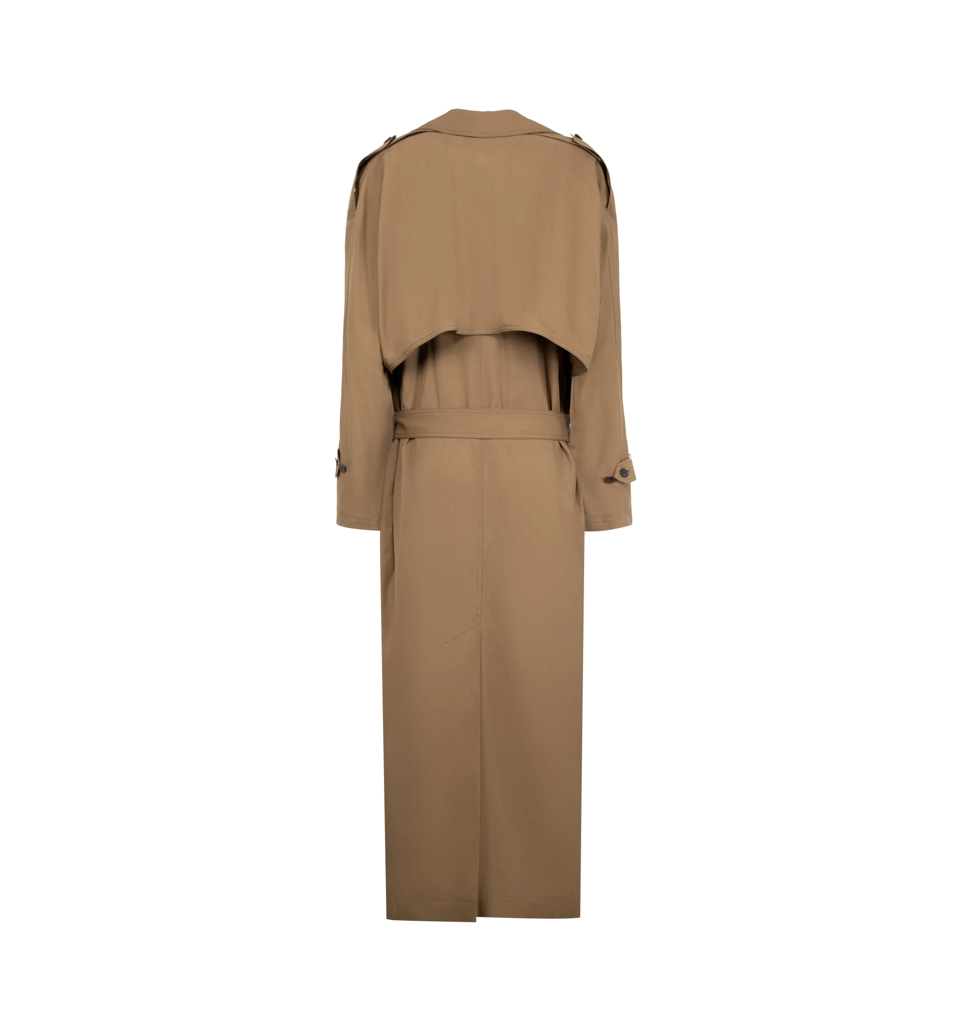 Image 2 of 3 - BROWN - Saint Laurent Womens Large Belted Trench Coat is crafted from certified cotton and features an ulster collar, raglan sleeves, and front and back storm flaps. Designed with a double-breasted four-button closure, padded shoulders, buttoned epaulets, two-button tab cuffs, two front welt pockets, an adjustable and detachable belt, and a single back vent. Main Material: Certified Cotton. Made in Italy.