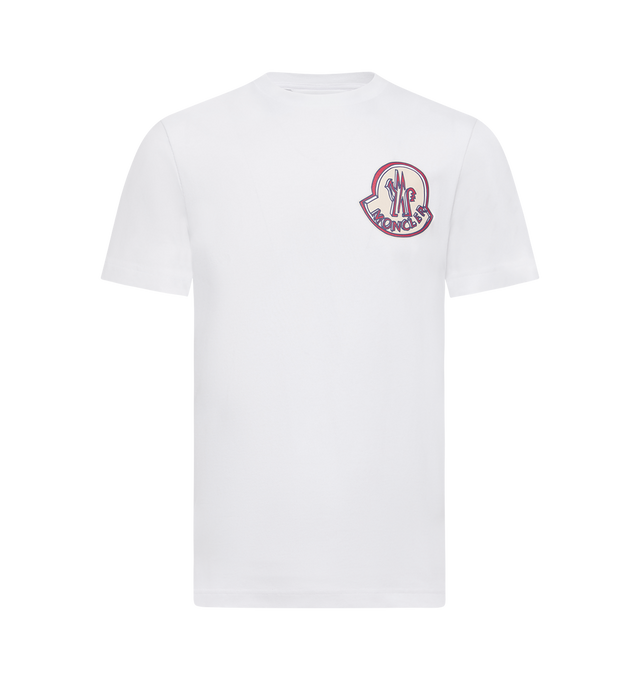 Image 1 of 2 - WHITE - MONCLER Logo Cotton T-Shirt featuring cotton jersey, crew neck, short sleeves and printed logo motif. 100% cotton.