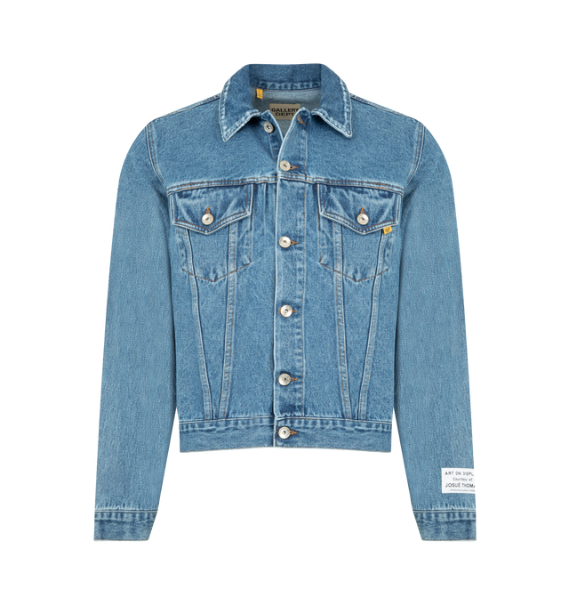 Image 1 of 3 - BLUE - GALLERY DEPT. Vintage Andy Jacket Washed Denim featuring fitted silhouette, cropped length, long sleeves, button closure, two button flap pockets, embroidered logotype on the back and applique patch at the cuff. 100% cotton.