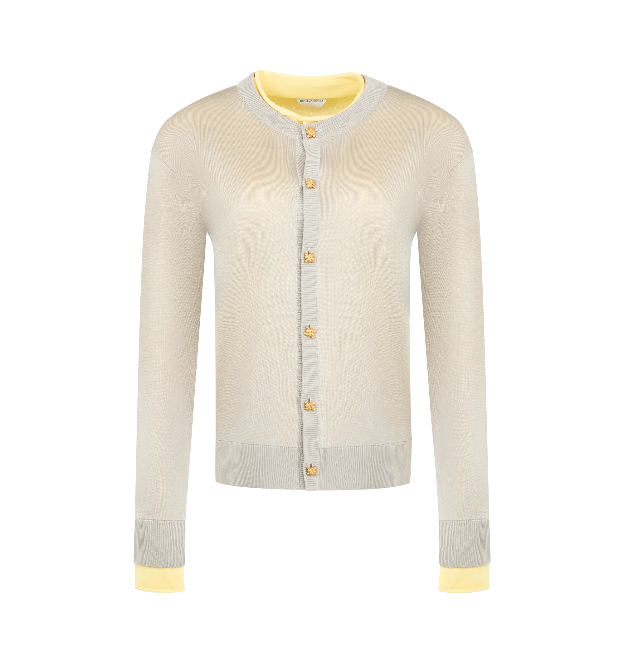 Image 1 of 2 - GREY - Bottega Veneta Womens Double Knit Cardigan is crafted from lightweight fluid silk blend with a double-layer construction. Features Nodo Quadro metal button closure, regular fit, and fine knit finish. Main Material: Silk. Made in Italy.