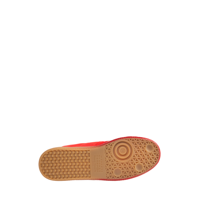 Image 4 of 5 - RED - MAISON MARGIELA High Quality Luxury Sneakers featuring classic low-top silhouette, contrast of matte leather and a patent sprayed finish, streamlined sole, traditional lace-up construction and signature single white stitch. 100% calf leather. Made in Italy. 