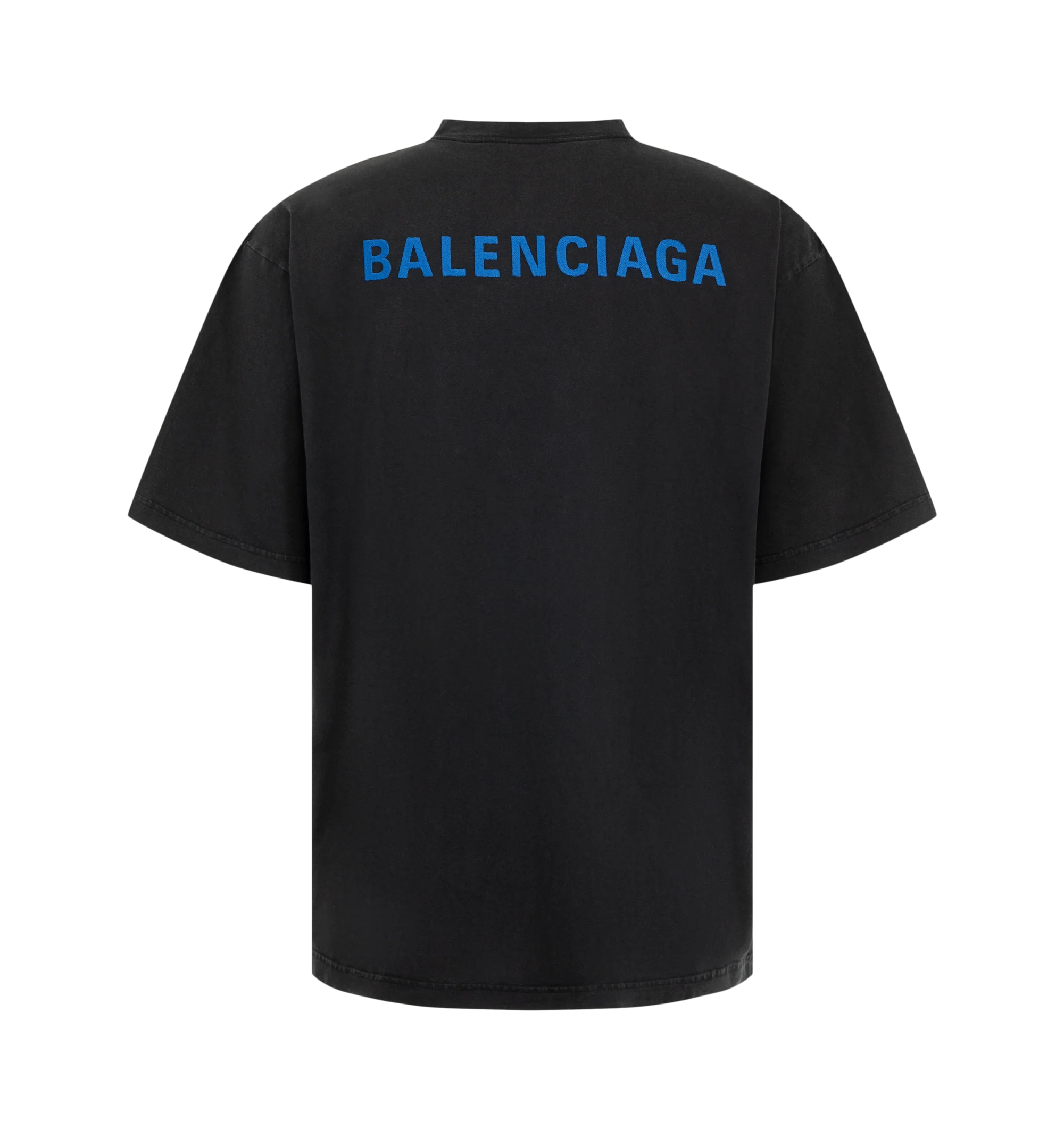 Image 2 of 2 - BLACK - Balenciaga Men's Medium Fit T-Shirt is crafted from dry cotton jersey and features a crewneck, short sleeves, and Balenciaga Back artwork embroidered at the front and back. Main Material: 100% Cotton. Trimming: 99% Cotton, 1% Elastane. Embroidery: 100% Polyester. Made in Portugal. 