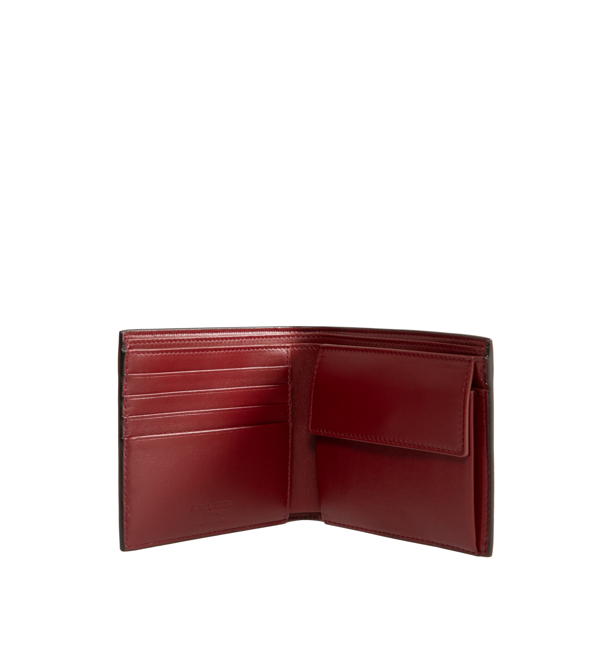 Image 3 of 3 - BROWN - Saint Laurent Men's Soho Calfskin Bi-Fold Wallet is crafted from premium calfskin and features an embossed Saint Laurent Paris signature, a contrasting interior, bronze-tone hardware, eight card slots, two bill compartments, and two receipt compartments. This designer leather wallet combines timeless craftsmanship with everyday functionality. Main Material: Calfskin. Dimensions: 11 x 9.5 x 2.5 cm. Made in Italy.