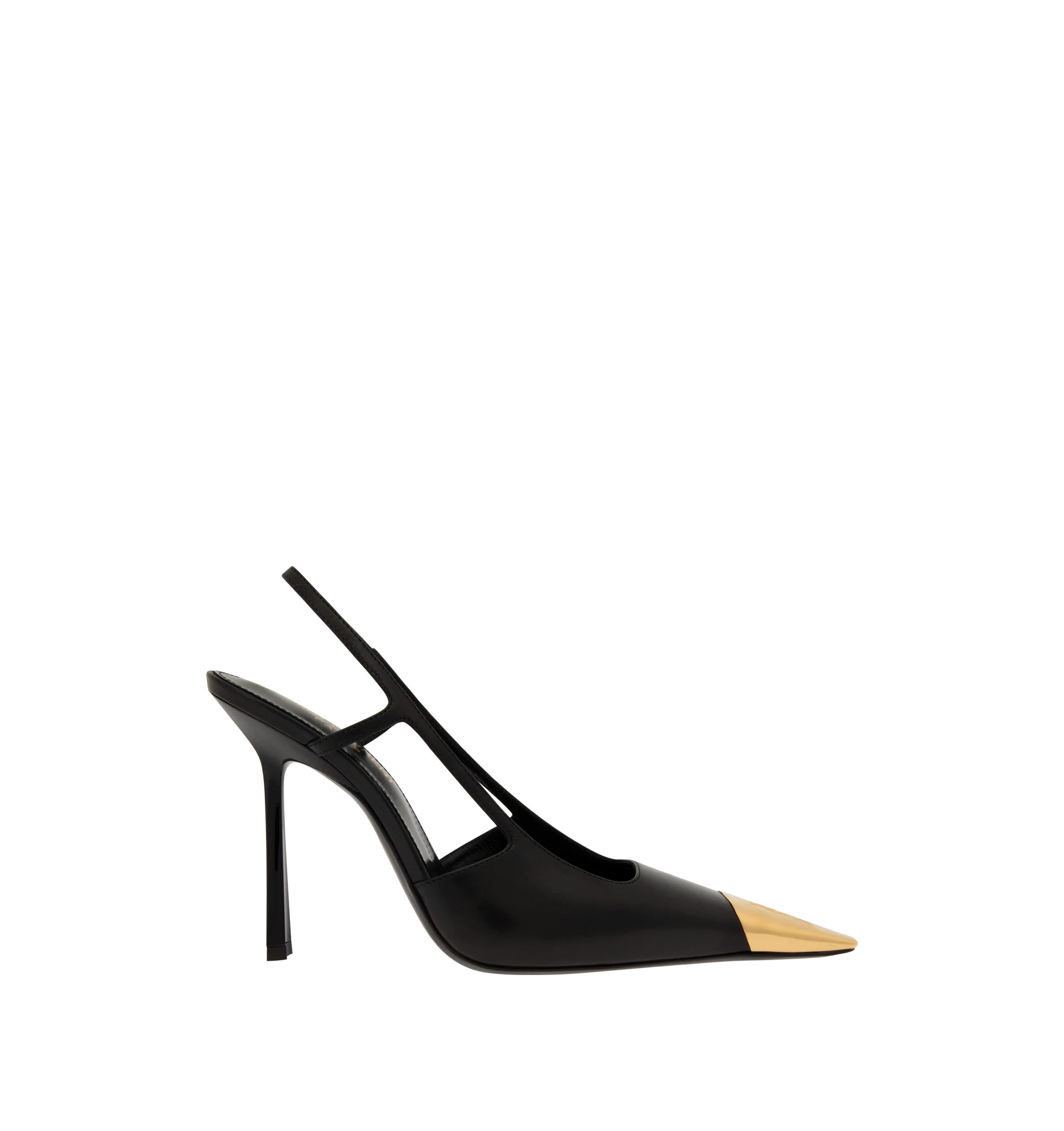 Image 1 of 4 - BLACK - Saint Laurent Womens Slingback Pumps are crafted from lambskin leather. Feature a square pointed metal cap toe with signature Cassandre martel hardware, square-cut vamp, elasticized slingback strap, stiletto heel, and leather sole. Main Material: Lambskin Leather; Hardware: Brass; Sole: Leather. Total Heel Heught: 11 cm / 4.3 inches. Made in Italy.