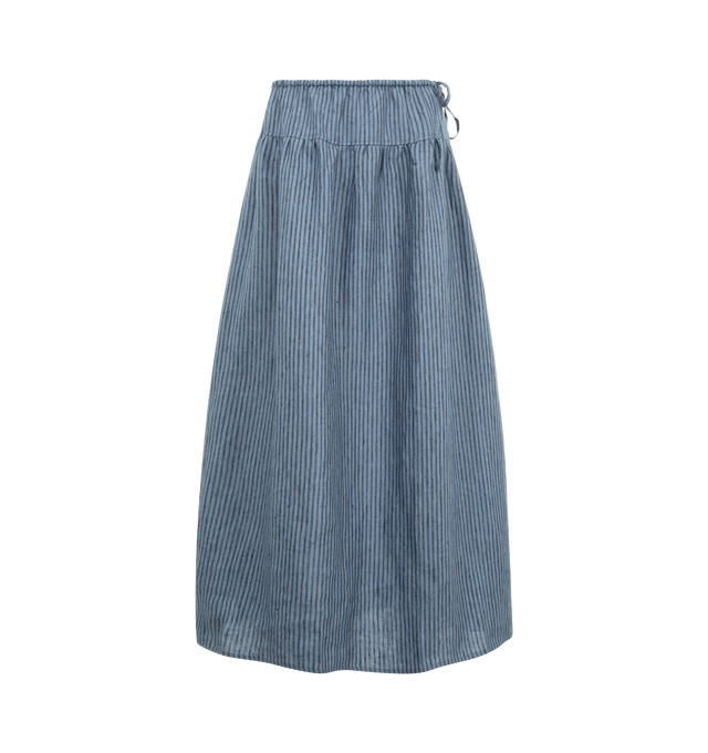 Image 1 of 2 - BLUE - DEIJI STUDIOS Maxi Skirt featuring a relaxed, pull on design, striped slub linen and a tiered drawstring waistband. 100% linen.