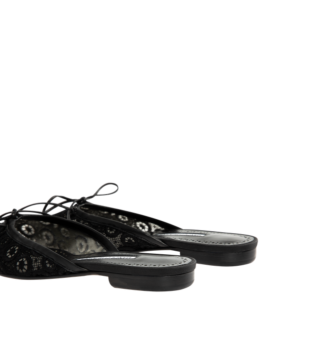 Image 3 of 4 - BLACK - MANOLO BLAHNIK Ballerimu Lace Flats featuring almond toe, slide on mule style, decorative leather bow and lace detail. Made in Italy.