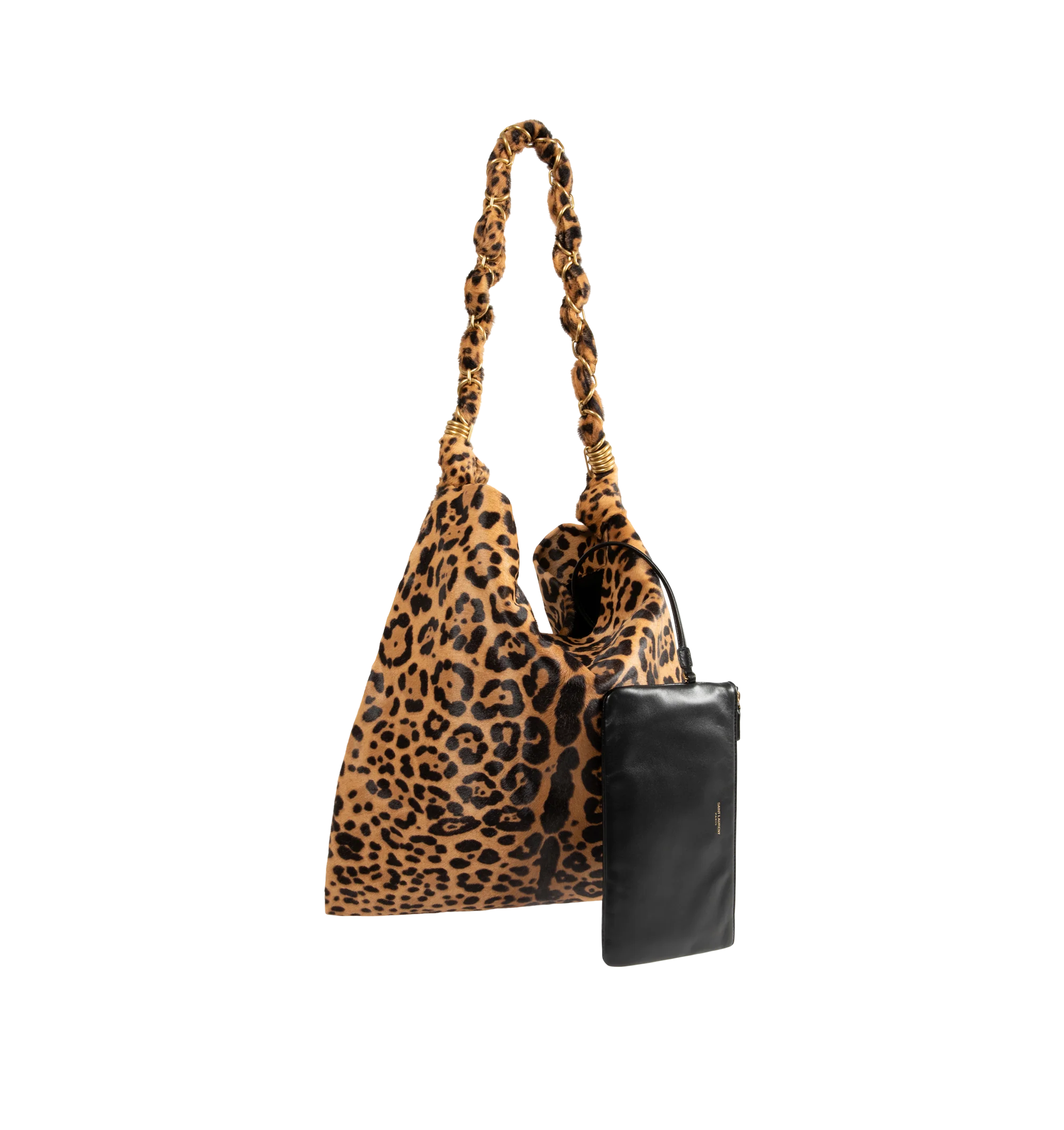 Image 2 of 3 - MULTI - Saint Laurent Women's Leopard-Print Shoulder Bag is crafted from leopard-print pony hair calfskin leather and features a woven jewelry chain shoulder strap for a bold, statement-making look. This designer shoulder bag combines luxurious Italian craftsmanship with a spacious silhouette, making it ideal for carrying everyday essentials in elevated style. Main Material: Calfskin Leather. Lining: Lambskin Leather. Hardware: Bronze-Tone Brass. Dimensions: 35 x 41 x 34 cm (13.8 x 16.1 x 1.2
