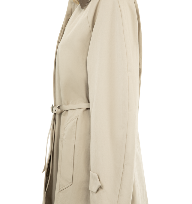 Image 3 of 3 - NEUTRAL - ACNE STUDIOS Trench Coat featuring relaxed fit, leather collar, throat latch, matching belt, side pockets, sleeve tabs, invisible button closure and logo label. 42% nylon, 58% cotton. Lining: 100% viscose. Collar: 100% cow leather.