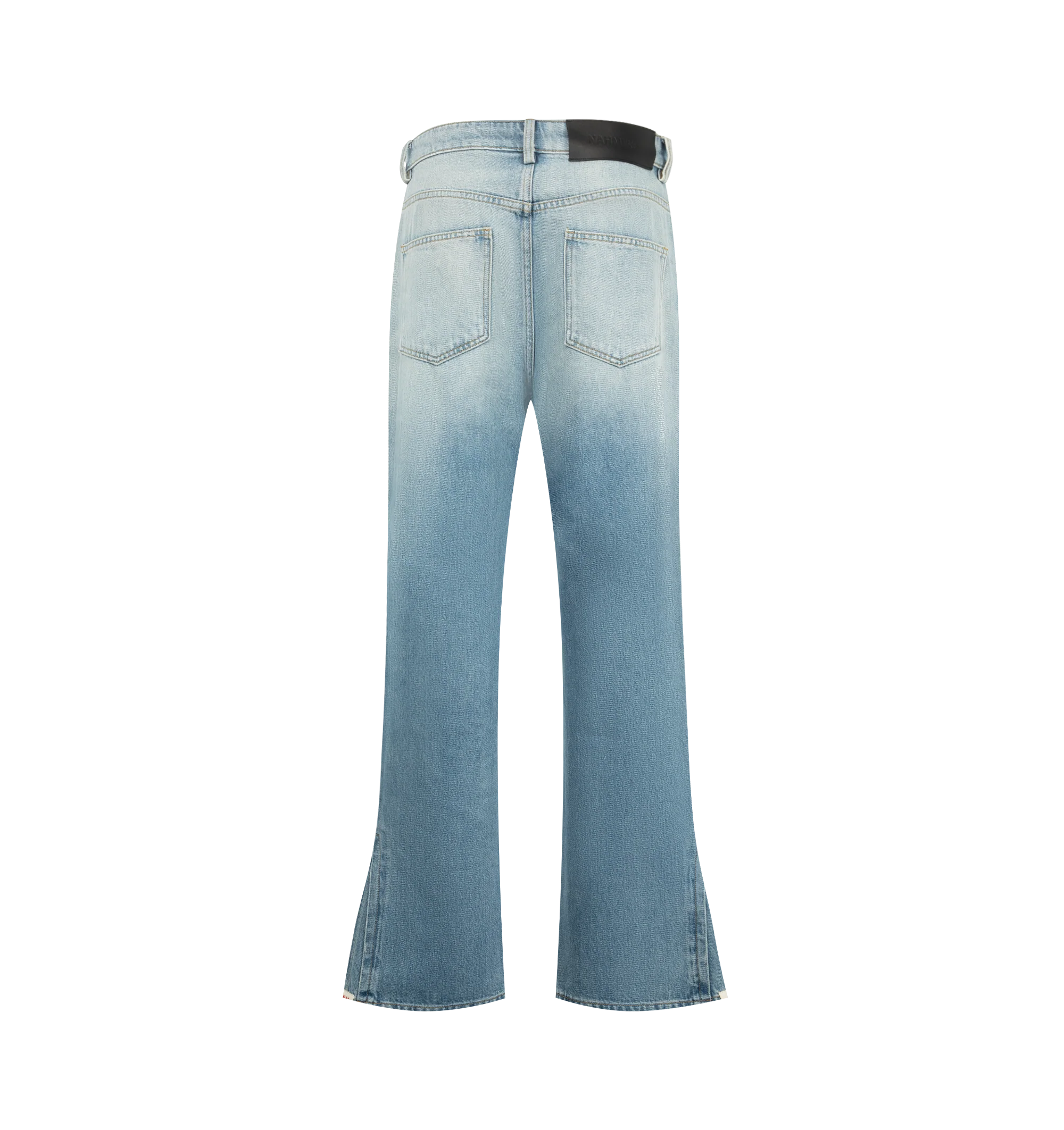 Image 2 of 4 - BLUE - Nahmias Men's Split Seam Straight Leg Jeans are crafted from 100% cotton denim and feature a classic straight-leg silhouette with distinctive split-seam detailing. Finished with a signature Summerland label at the split seam, these designer jeans reflect Nahmias' laid-back Los Angeles aesthetic with a contemporary approach to everyday denim. Main Material: 100% Cotton. Fit: Straight Leg. Detail: Summerland Label at Split Seam. Care: Machine Wash Cold. Designed in Los Angeles.
