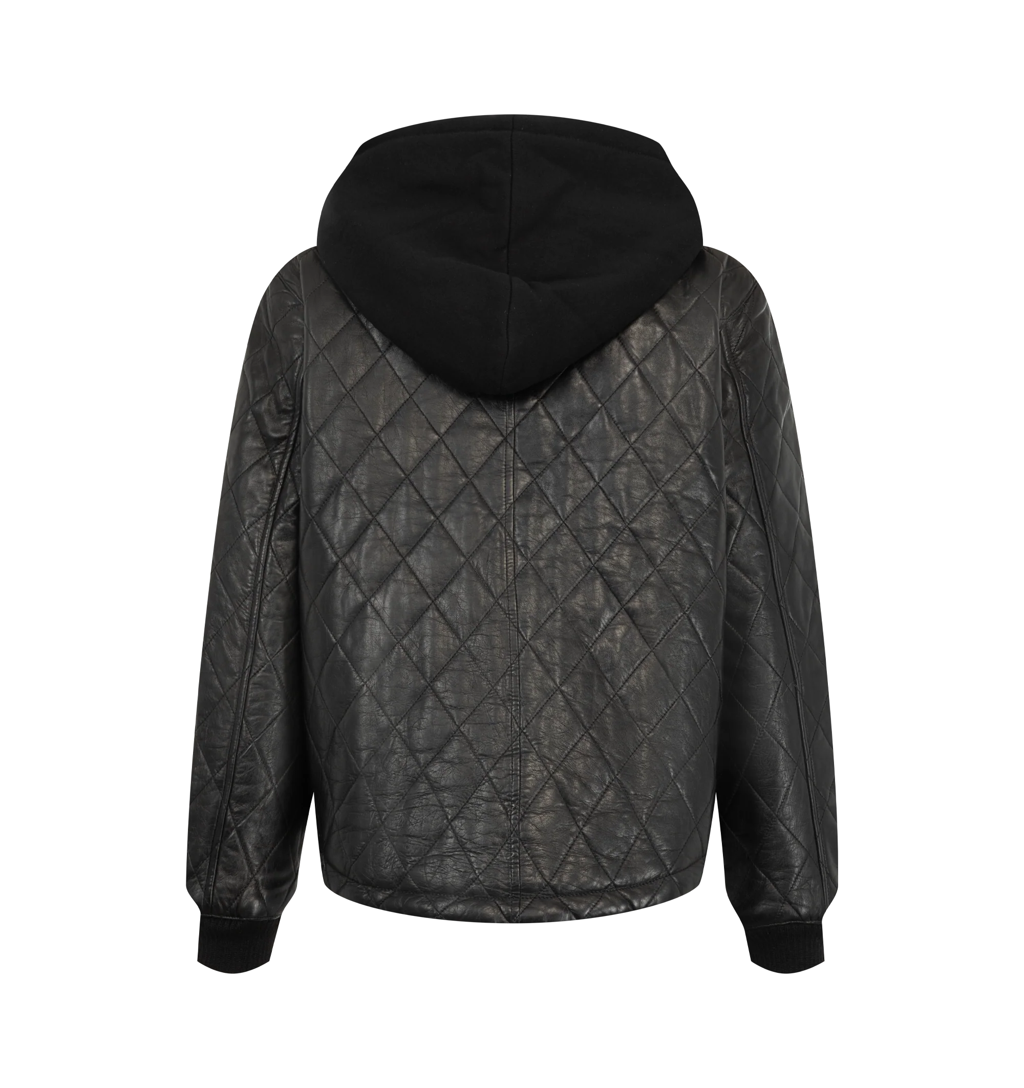 Image 2 of 3 - BLACK - R13 Women's Quilted Leather Jacket with Hood is crafted with a quilted construction and features a zip-front silhouette layered with a contrasting hooded insert. Designed for versatile everyday wear, the jacket combines lightweight insulation with a casual layered look. Main Materials: 100% Lamb Leather, Lining: 100% Polyester.