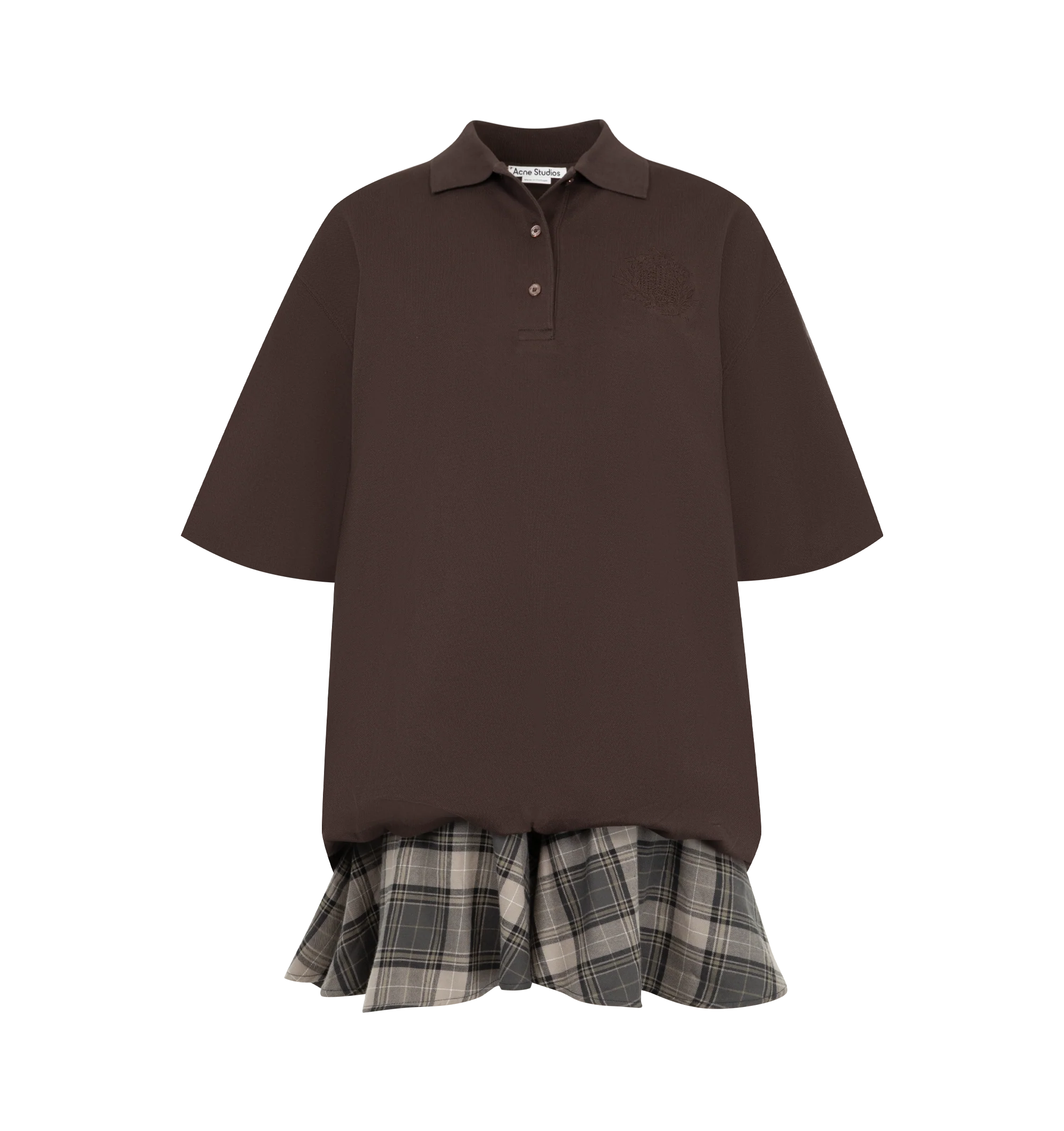 Image 1 of 2 - BROWN - Acne Studios Womens T-Shirt Dress is crafted from smooth cotton. Features a regular fit, polo piqu collar, three-button closure, gathered short sleeves, balloon hem with contrasting checkered ruffled skirt, layered construction, and seasonal embroidered crest logo at the chest. Main Material: 95% Cotton, 5% Elastane; Lining: 100% Cotton; Contrast: 100% Cotton. Made with organically grown cotton. Made in Portugal.