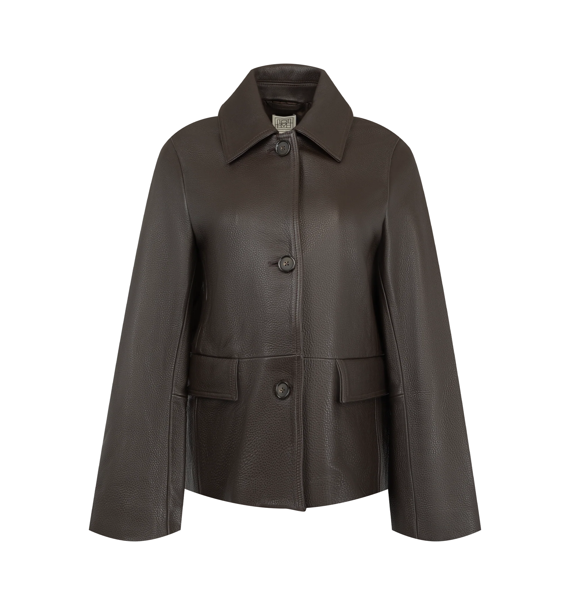 Image 1 of 2 - BROWN - Toteme Women's Grained Leather Jacket is crafted from heavyweight grained cow leather and features a straight silhouette with a clean button-front closure for a sharp, effortless fit. Finished with flap pockets and a smooth satin lining, this designer leather jacket combines refined craftsmanship with Toteme's signature minimalist aesthetic, creating a timeless outerwear essential for everyday wear. Main Material: 100% Cow Leather. Lining: 100% Viscose.