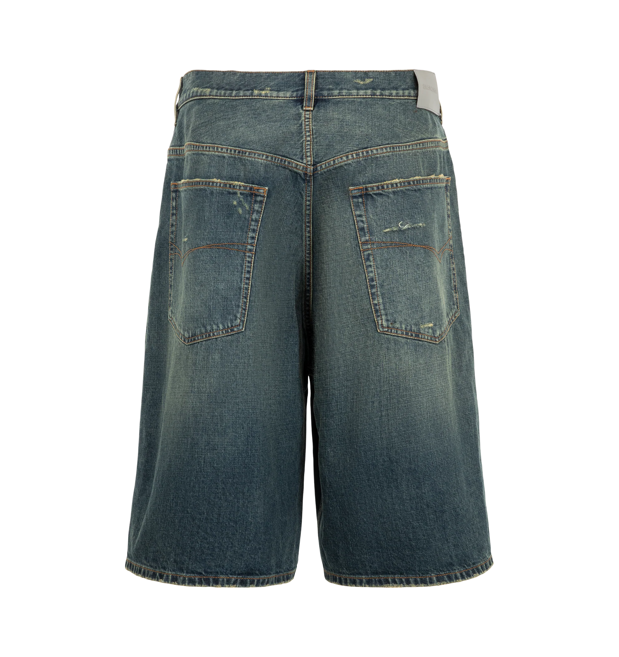 Image 2 of 3 - BLUE - Balenciaga Men's Denim Bermuda Shorts are crafted from cotton denim in a dirty vintage blue wash and feature a button closure and five belt loops. Two slash pockets, two open back pockets, and a grey debossed Balenciaga leather patch at the back complete the design. Main Material: 100% Cotton. Pocket Lining: 65% Polyester, 35% Cotton. Leather Detail: Cowskin. Made in Italy.